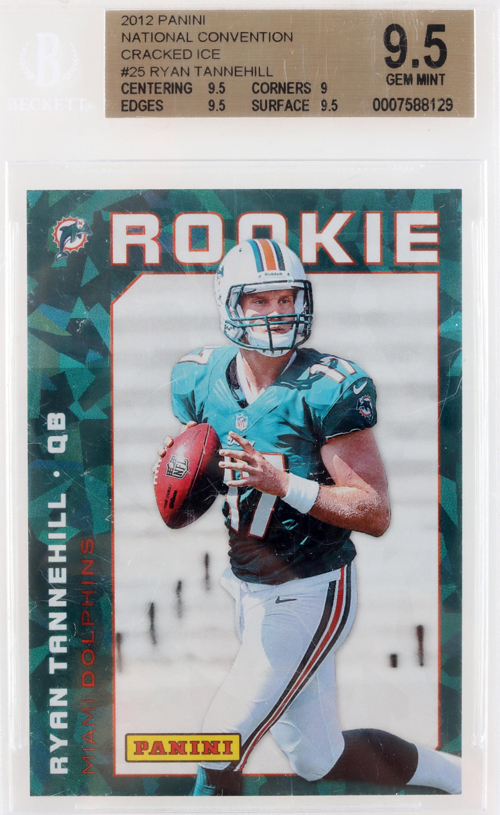 2012 NC Cracked Ice Ryan Tannehill BGS 9.5: A 2012 National Convention Cracked Ice Ryan Tannehell card, graded 9.5 by Beckett Grading Services. This was a limited edition run and is one of 25. Certification #0007588129.