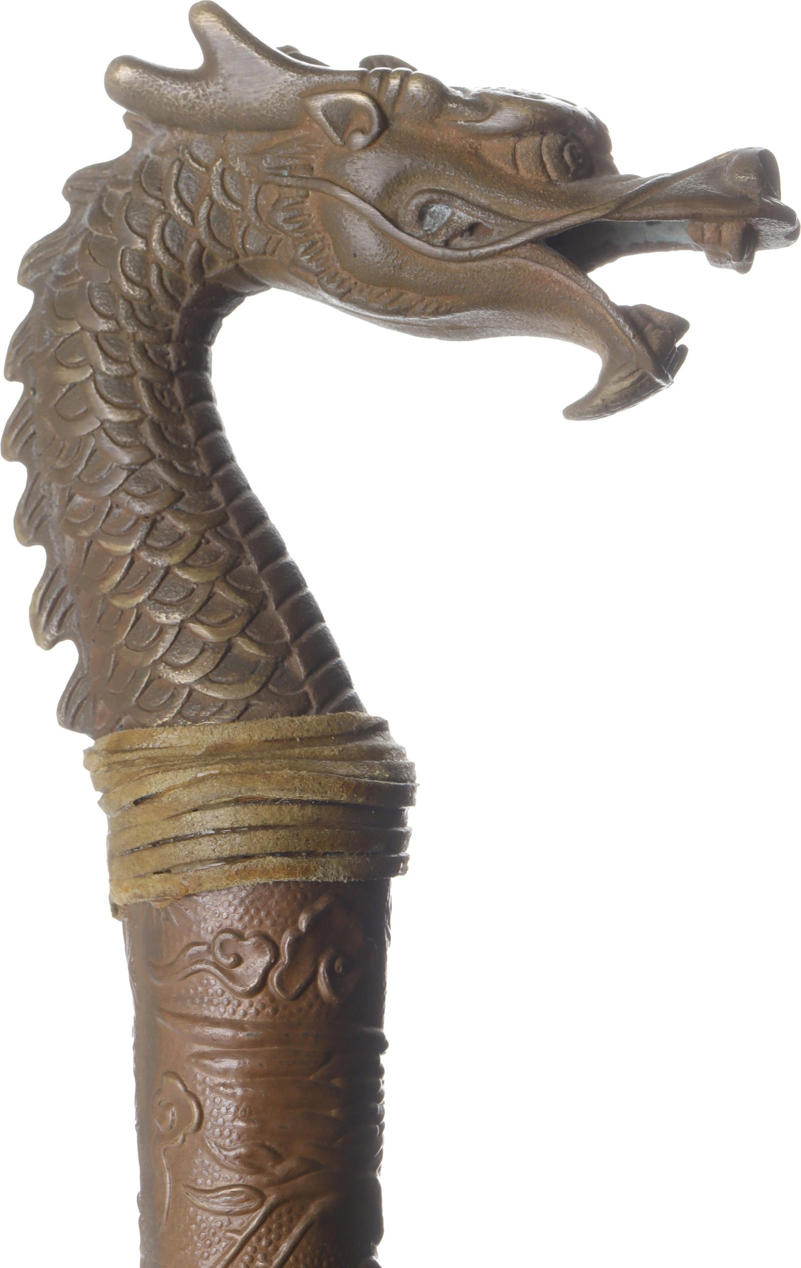 Bronze Dragon Sword Cane Walking Stick: A mixed cast and beaten bronze walking stick with a secret internal blade. The pommel is a cast bronze Asian dragon head. The stick has a lovely crane and floral motif. The blade is only 5 inches long