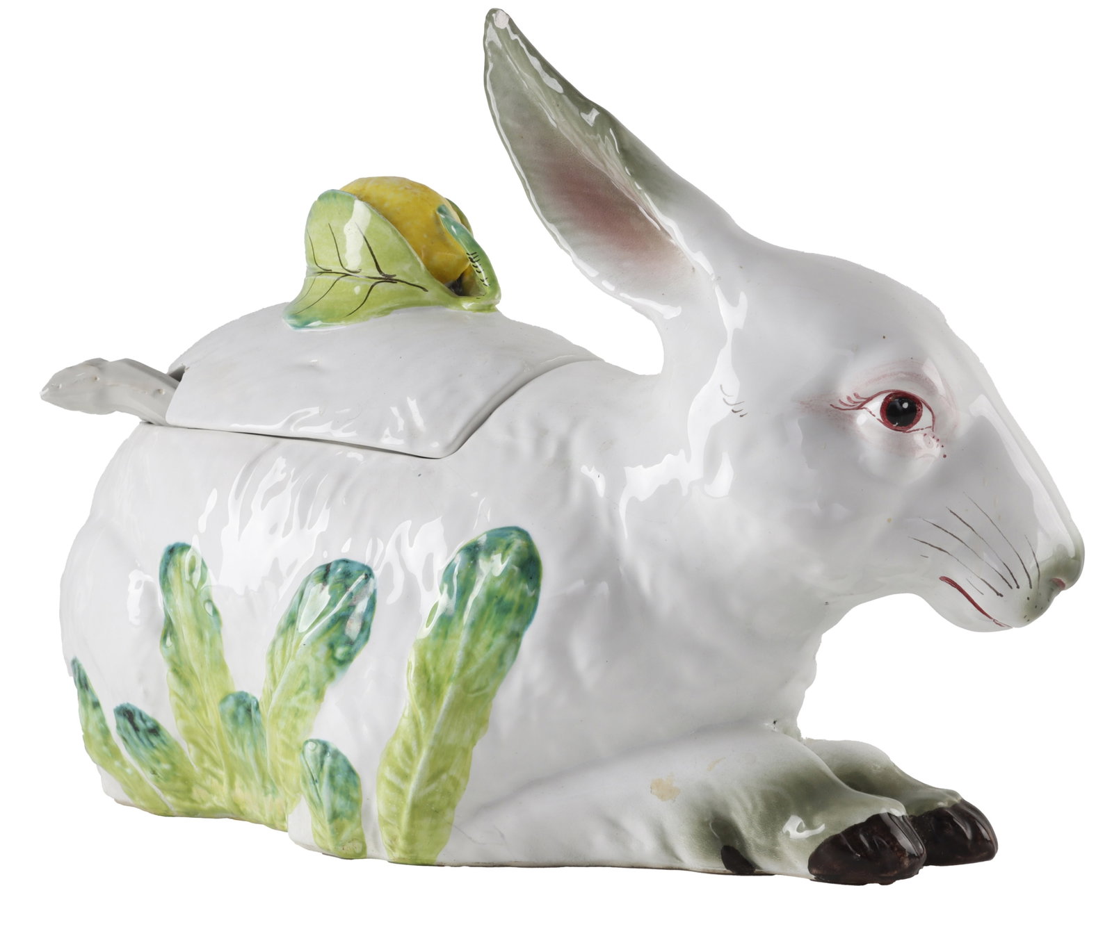Majolica Rabbit Terrine Antique Italian: A large and highly detailed ceramic figural majolica soup tureen in the shape of a rabbit. This multi-dimensional piece features the central figure of the rabbit nestled amongst a base of textured flo