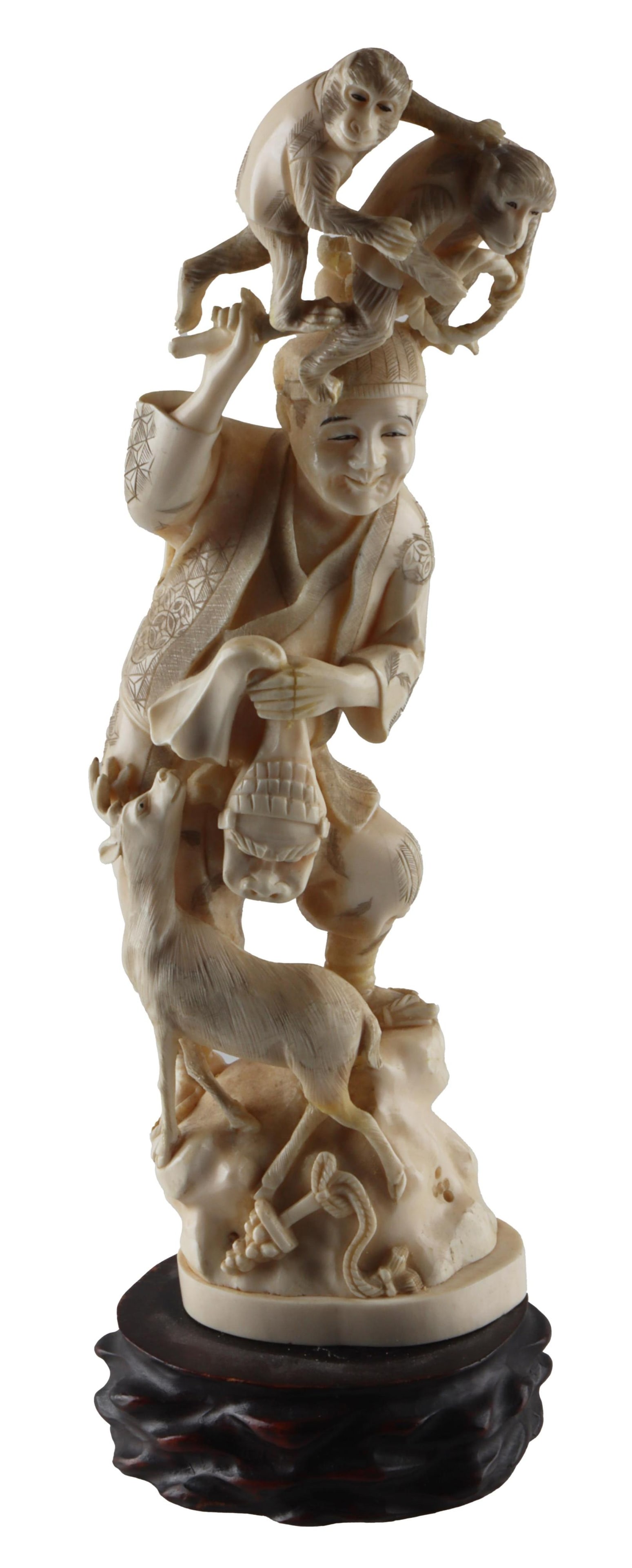 Walrus Tusk Carved Okimono Monkey Trainer (1 of 5)
