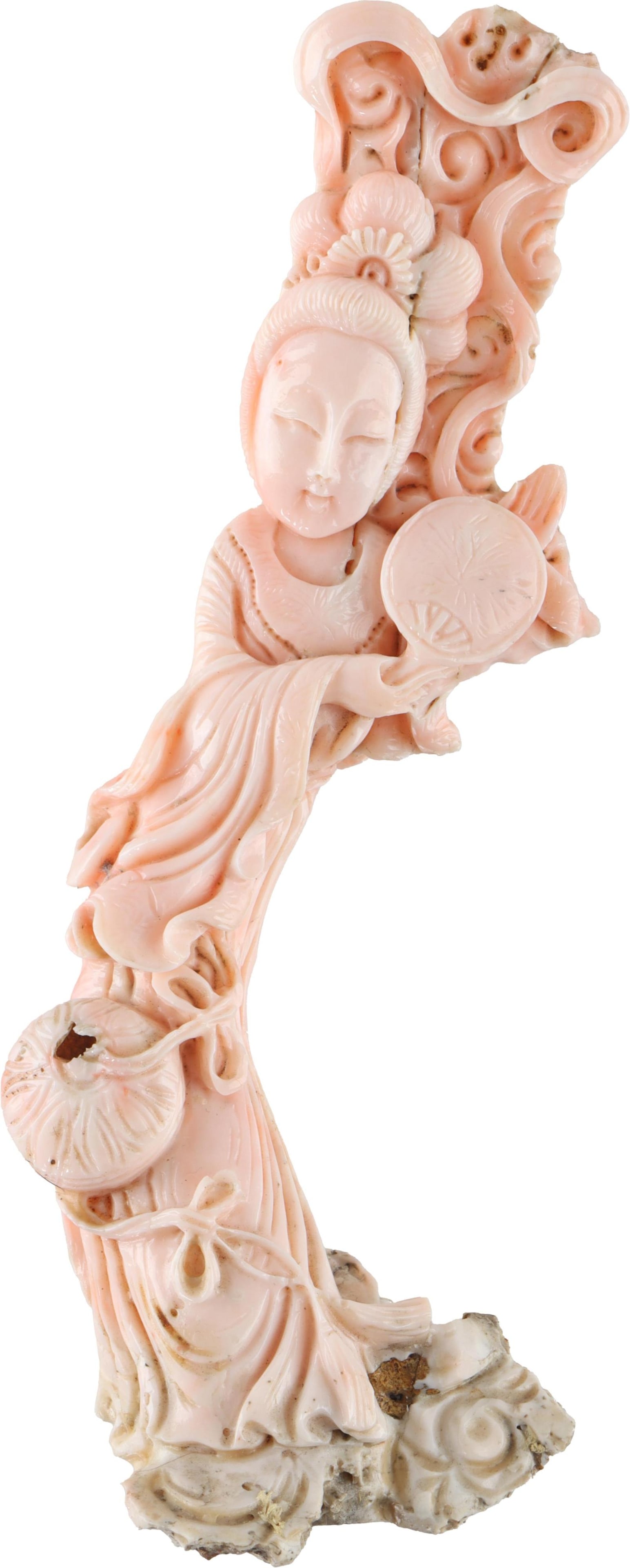Vintage Asian Conch Shell Carving of Woman: Carving shows a woman holding a fan. Her hair is pleasant fashioned with flowers. She is wearing a long gown. It measures.