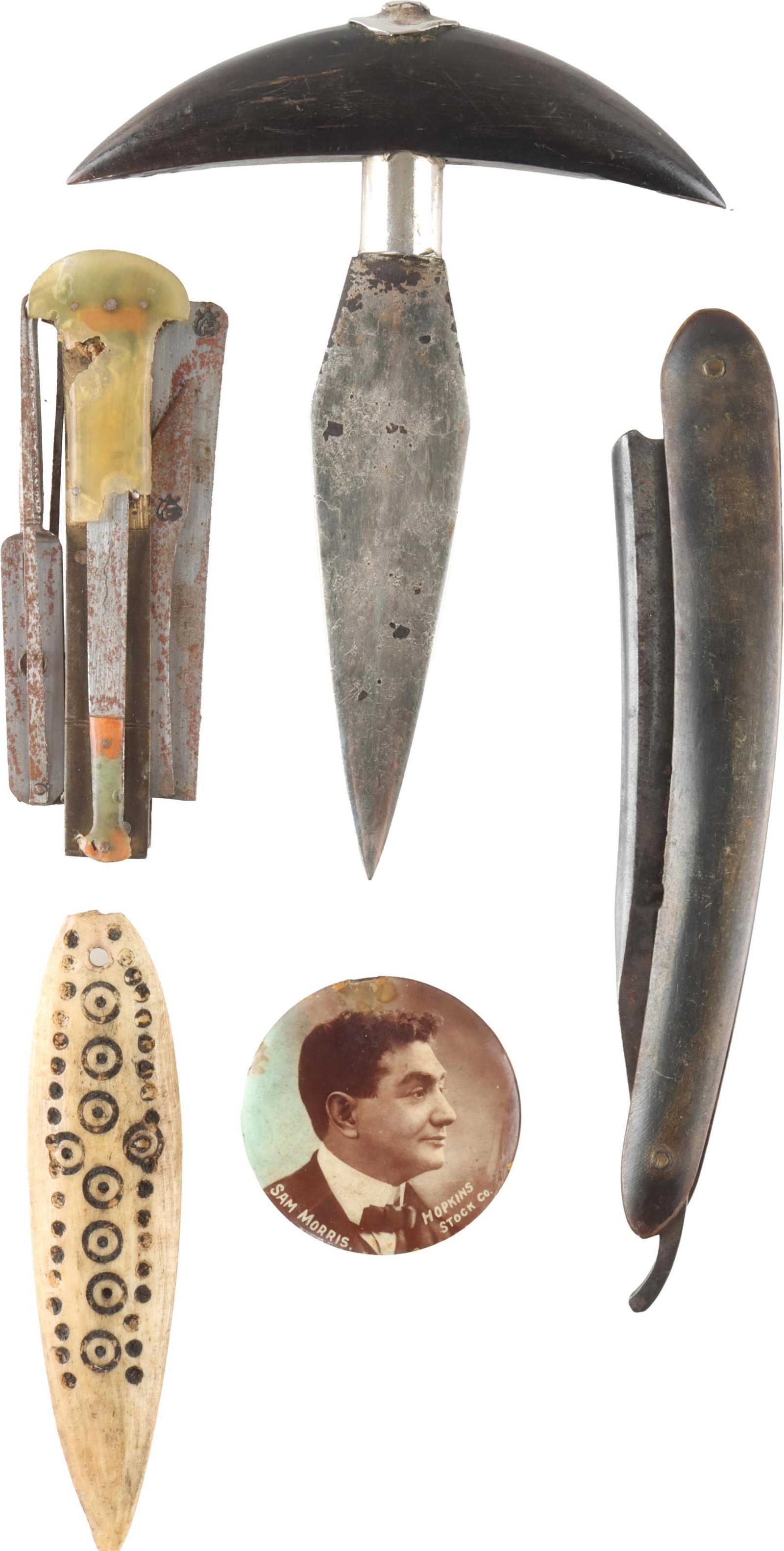 Lot of Antiques Push Dagger, Razor, Mirror: Features razor blade and push dagger with buffalo horn grips. Sam Morris mirror, one bone carving, and one multi-tool.