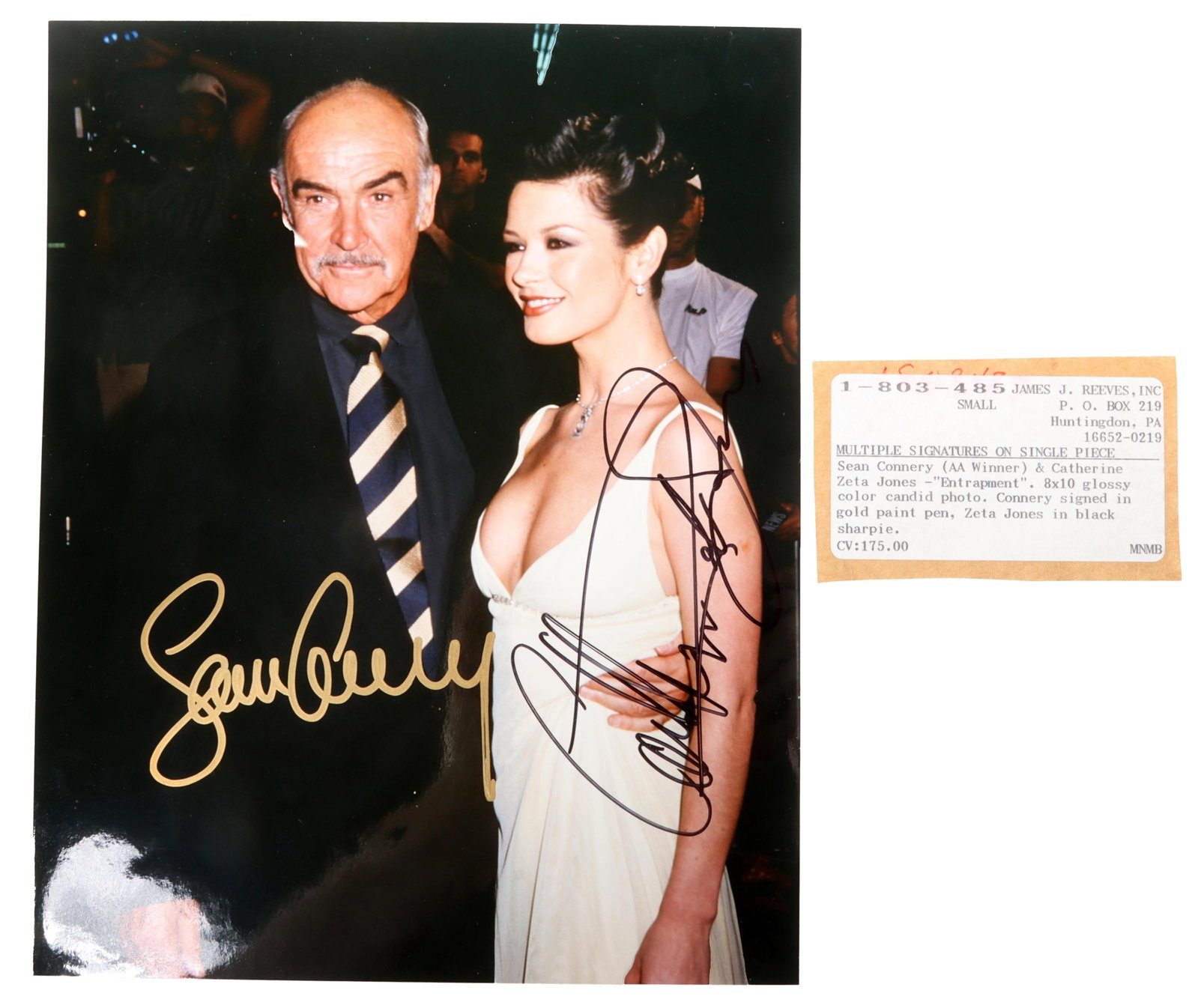 Autograph Connery Zeta Jones Signed Collectible: A glossy, autographed color photo of Sean Connery and Catherine Zeta Jones, who co-starred in the movie "Entrapment"; Zeta Jones signed in black Sharpie and Connery signed in gold paint pen. Photograp