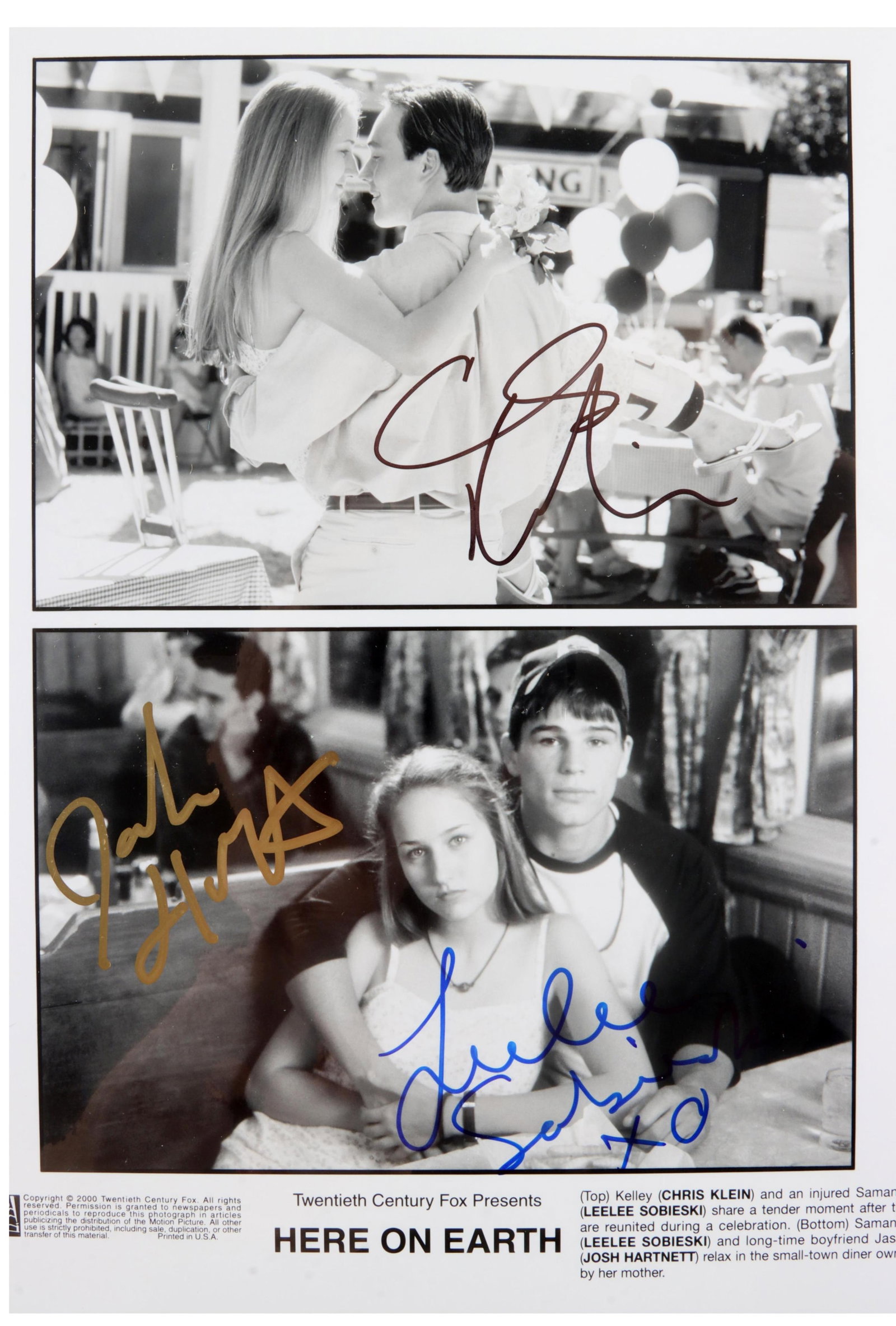 Autographed Poster Sobieski Klein Hartnett Signed: A signed photograph poster from the movie "Here on Earth," signed by cast members Leelee Sobieski, Chris Klein, and Josh Hartnett in gold paint pen and blue and black Sharpie. Placed in a protective s