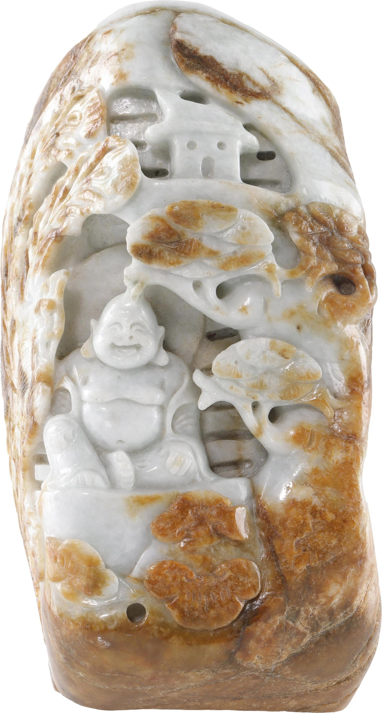 Carving of Maitreya Milky White Russet Jade: A carving of the 'Laughing Buddha,' variously called Hotei or Budai but recognized as a form of the Maitreya, in a large piece of milky white russet jade. Weighs 7.8 pounds, 8.25x2.5x4 inches.