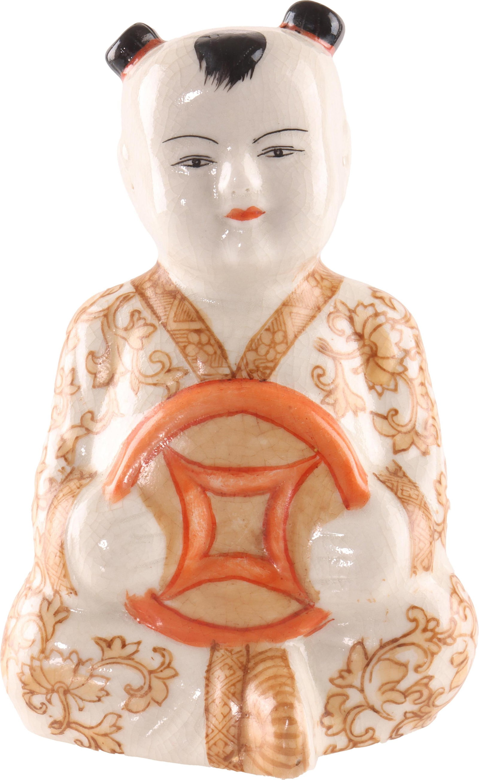 Chinese Good Fortune Baby from Gump's: A Chinese good fortune baby statue, with bi coin. Figurine is consistent with mid-century Gump production, where molds were predesigned and shipped for overseas production and then returned to San Fra
