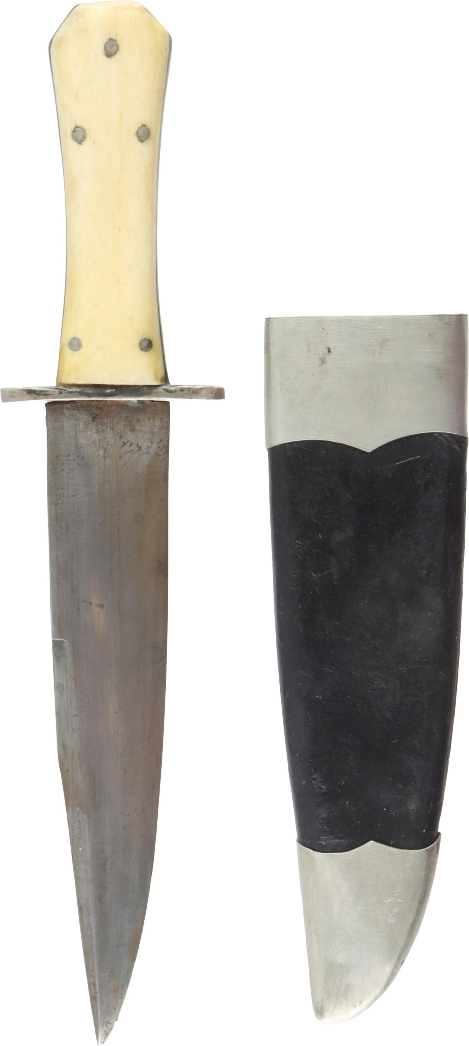 Fixed Blade Coffin Handle Knife with Sheath: Fixed Blade Coffin Handle Knife with Sheath. The blade has a drop point with a blade length of 6 and 3/8 inches. The handle is coffin shaped and made from bone. The total knife length is 10 inches. Th