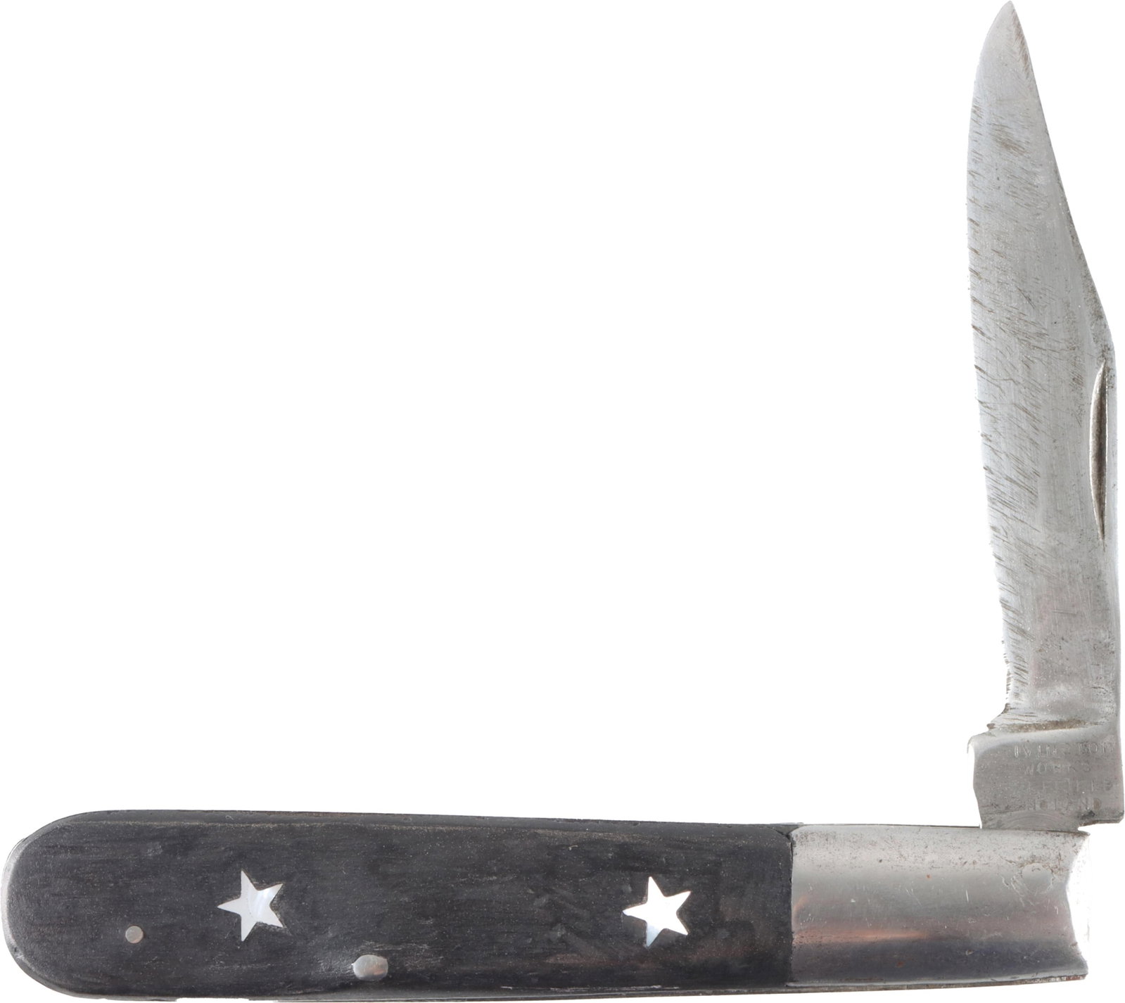 Rivington Sheffield Pocket Knife: Steel blade with wooden handle. Inlaid with pearl stars. Total length open is 8 7/8 inches.