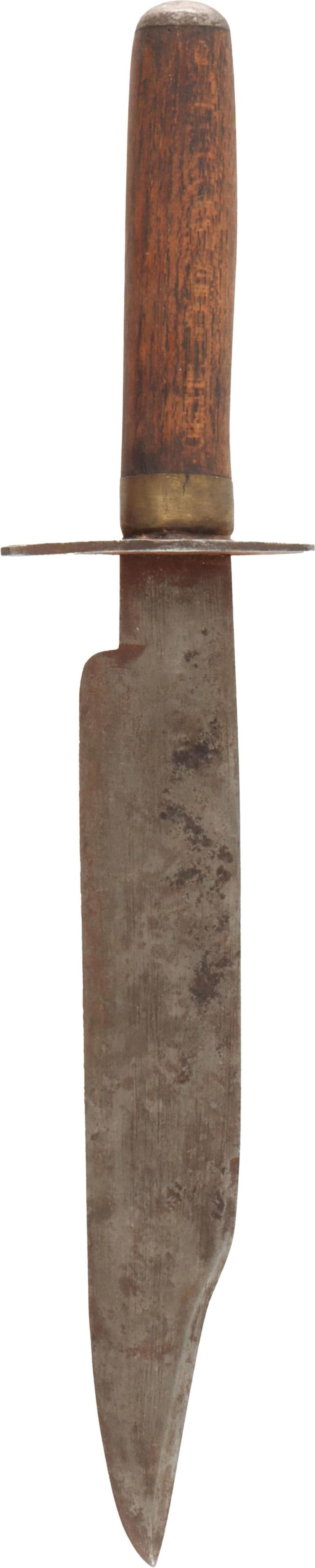 Bowie Knife with Wooden Handle: Bowie Knife with Wooden Handle. The blade has a clip point and has a blade length of 8.50 inches. The hand guard is iron. The handle is wooden with a brass front and iron butt. The total knife length 