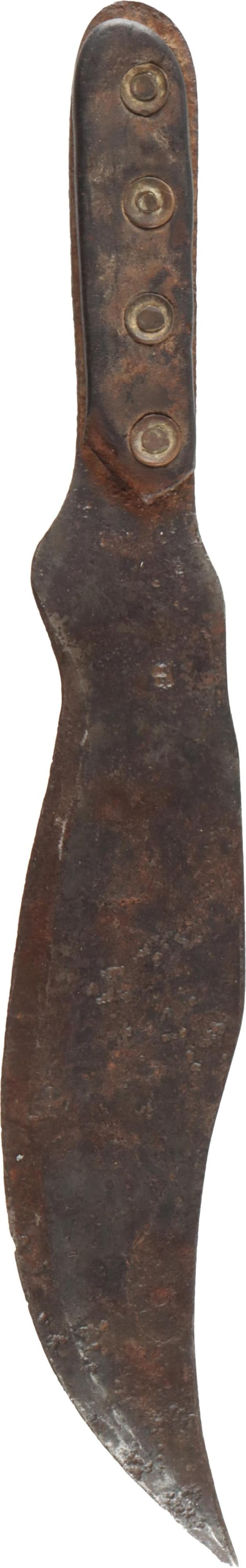 Large Home Made Field Knife: Large Home Made Field Knife. The blade is curved and the blade length is 9.50 inches. The blade has a full tang. The handle is leather. The total length of the knife is 14 inches.
