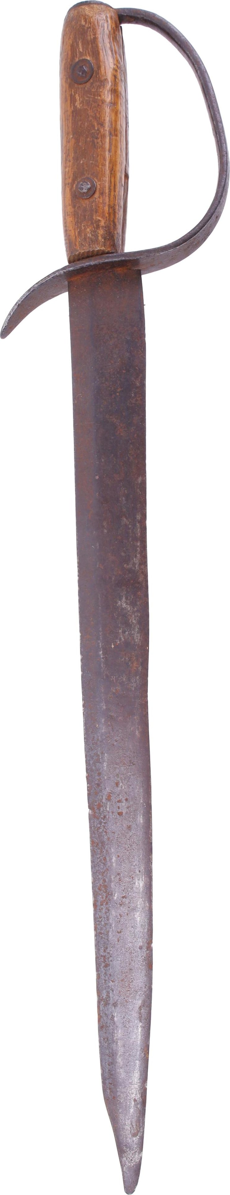 Confederate D Guard Homemade Short Sword: Iron blade with wood grip and iron D guard. It measures 24 inches overall with 18 5/8 inches blade. Possibly Confederate.
