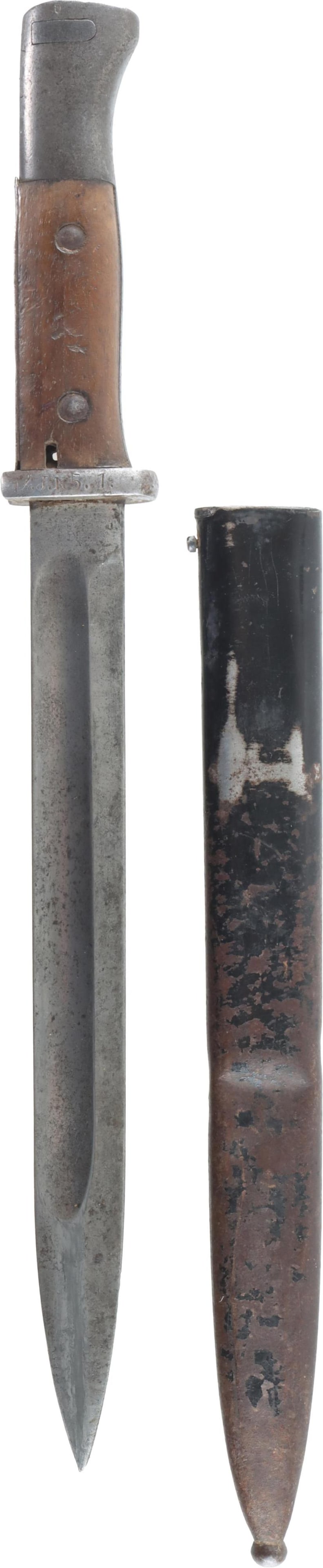 Imperial German Erfurt M1884/98 Knife Bayonet: Imperial German M1884/98 knife bayonet with scabbard. Ricasso has mark of the Royal Prussian Arsenal at Erfurt. Unit marked on guard. Proofed on spine of blade. Blade length 9-7/8 inches. Overall leng