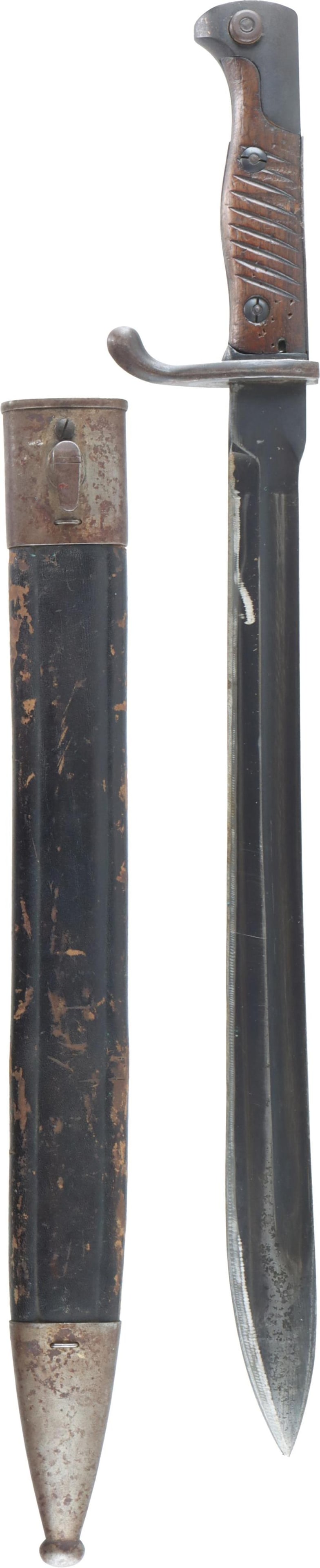 Imperial German M1898/05 Sword Bayonet w/ Scabbard: Imperial German M1898/05 "Butcher Knife" sword bayonet with scabbard. Blued steel blade. Proof marks stamped on pommel. Scabbard proofed once on chape and thrice on throat. Blade length 14-7/16 inches