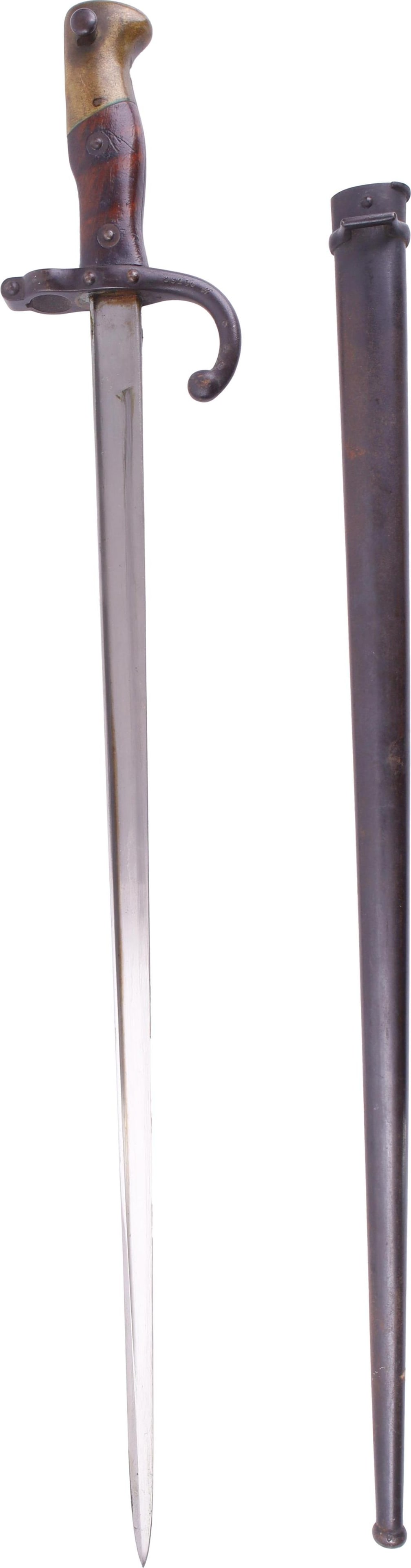 French M1874 Gras Sword Bayonet with Scabbard: French M1874 sword bayonet with matching serialized scabbard. Bright polished blade with script engraving on spine recording manufacture at St. Etienne in 1878. Overall length in scabbard 26 inches.