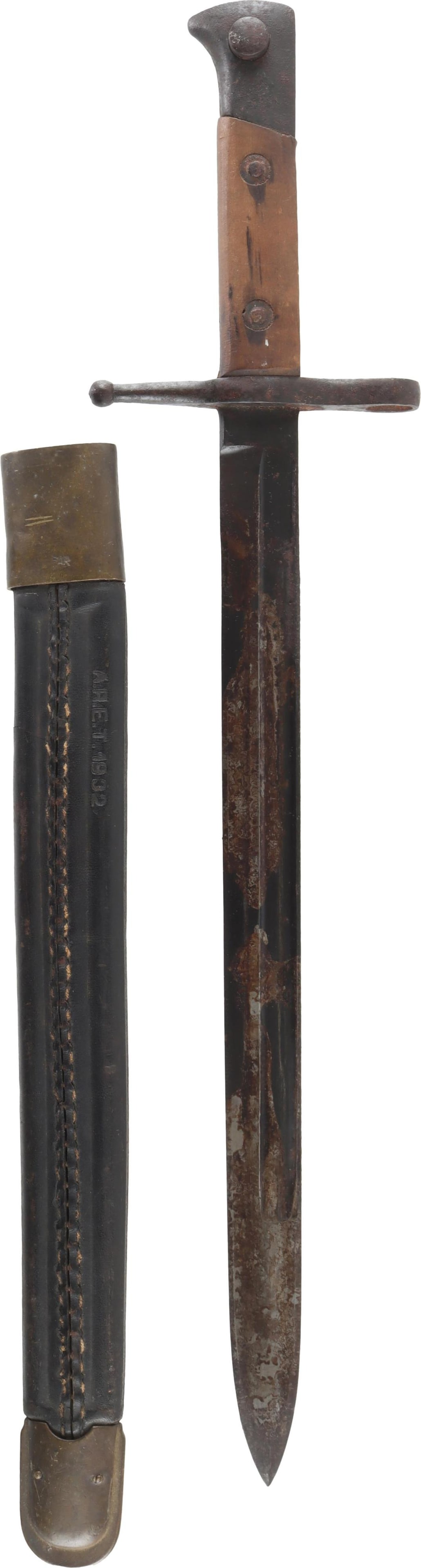 Italian M1891 Carcano Knife Bayonet with Scabbard: Italian M1891 Carcano knife bayonet with leather scabbard. Ricasso has mark of C. Gnutti. Scabbard marked "A.R.E.T. 1932." Blade length 11.75 inches. Overall length 16.25 inches. Muzzle ring diameter 