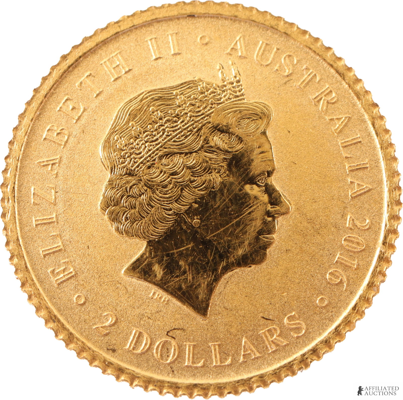 2016 Elizabeth II Commemorative Gold Bullion Round: A .999 purity gold bullion mini coin minted in 2016 at the Perth Mint in Australia (denoted by 'P' mint mark on reverse side). Obverse side features a portrait of Queen Elizabeth II and inscription 'E
