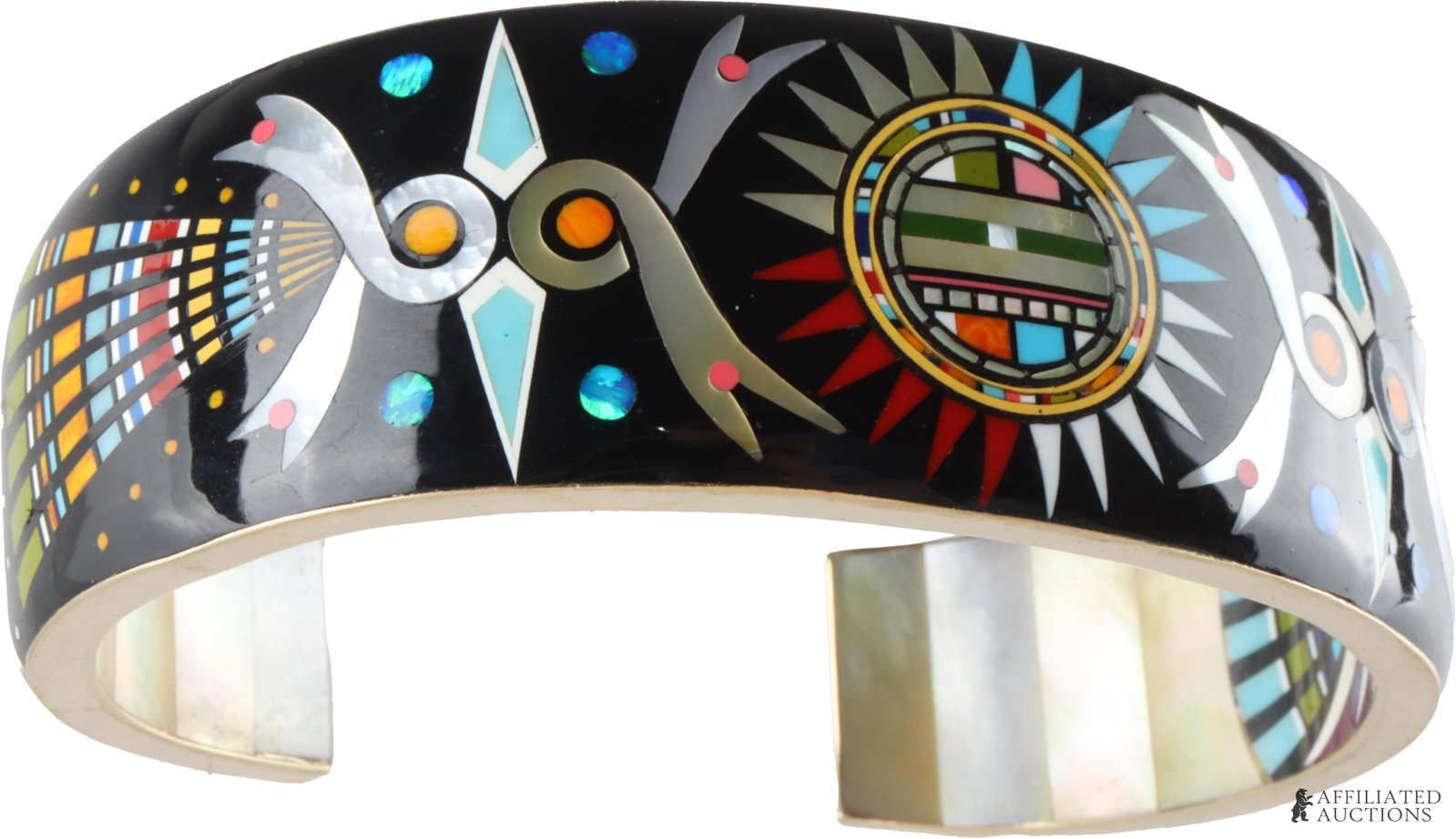 Zuni Inspired Cuff Bracelet Glodove 14K Gold: Ronnie and Ramil Glodove artisan geometric pattern cuff with Zuni inspired design. Framework stamped 14K yellow gold and hand-signed with the maker's 'RRG' hallmark. Symmetrically channel-inlaid with