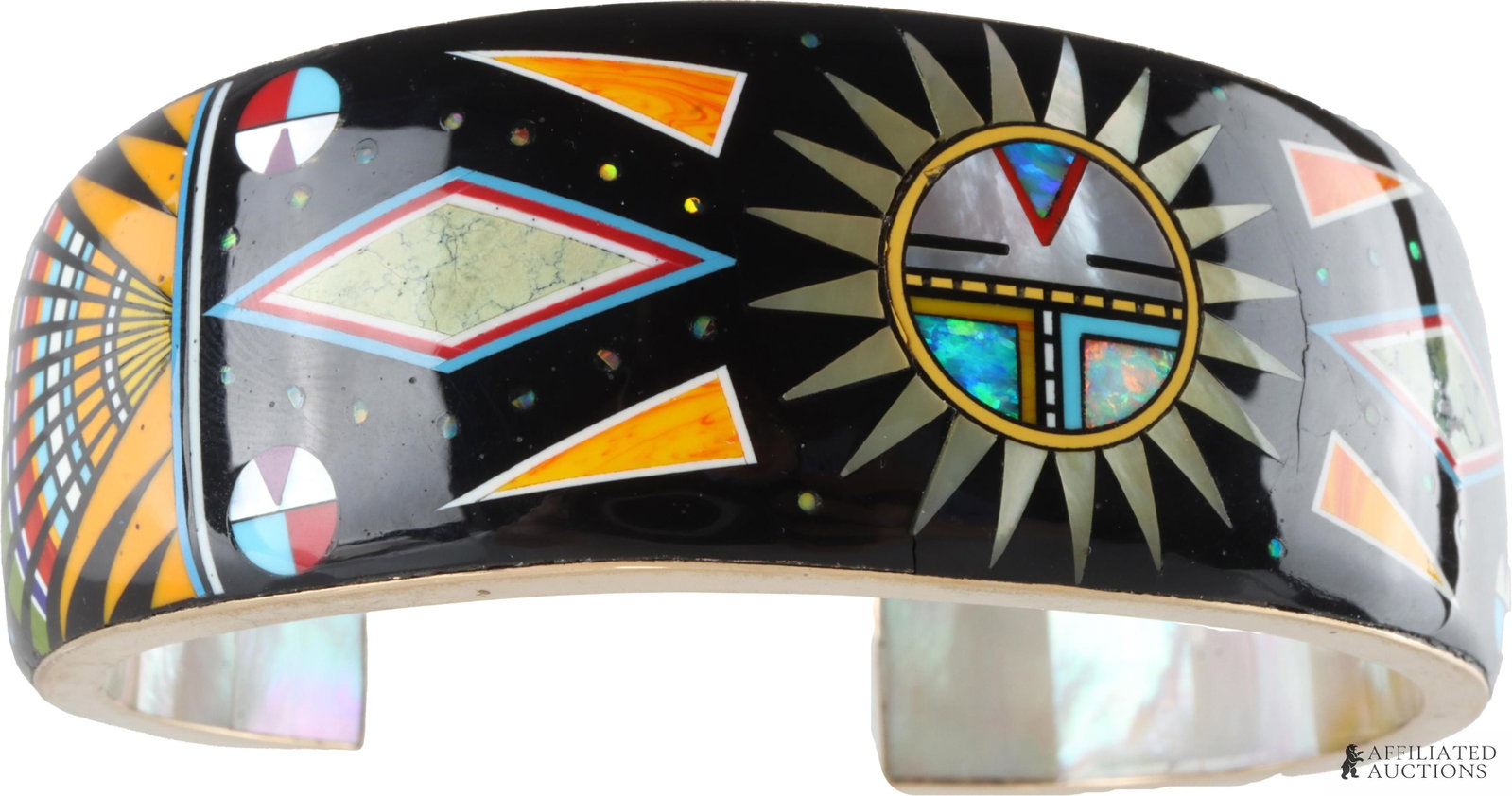 Zuni Inspired Cuff Turquoise Glodove 14K Gold: Ronnie and Ramil Glodove artisan geometric pattern cuff after Zuni artists. Framework stamped 14K yellow gold and hand-signed 'RRG'. This design features a Zuni inspired roundel, re-imagined to