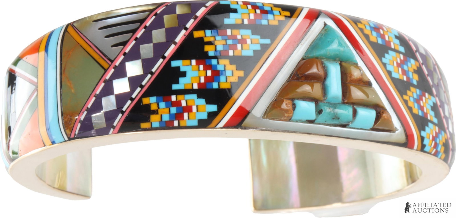 Navajo Inspired Cuff Bracelet Glodove 14K Gold: Ronnie and Ramil Glodove artisan geometric pattern cuff with Navajo inspired inlay. Framework stamped 14K yellow gold and signed with the 'RRG' hallmark. Uniformly inlaid on both faces with geometric