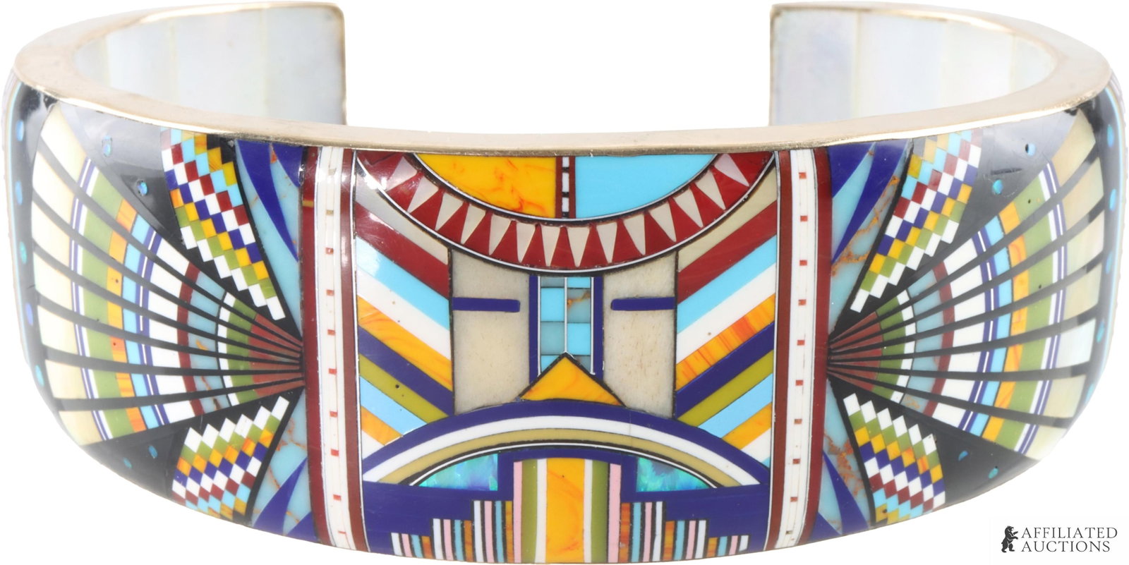 Southwest Inspired Cuff Abalone Glodove 14K Gold: Ronnie and Ramil Glodove artisan geometric pattern cuff. Framework stamped 14K yellow gold and hand-signed with the 'RRG' hallmark. Channel-inlaid on either side with contrasting geometric