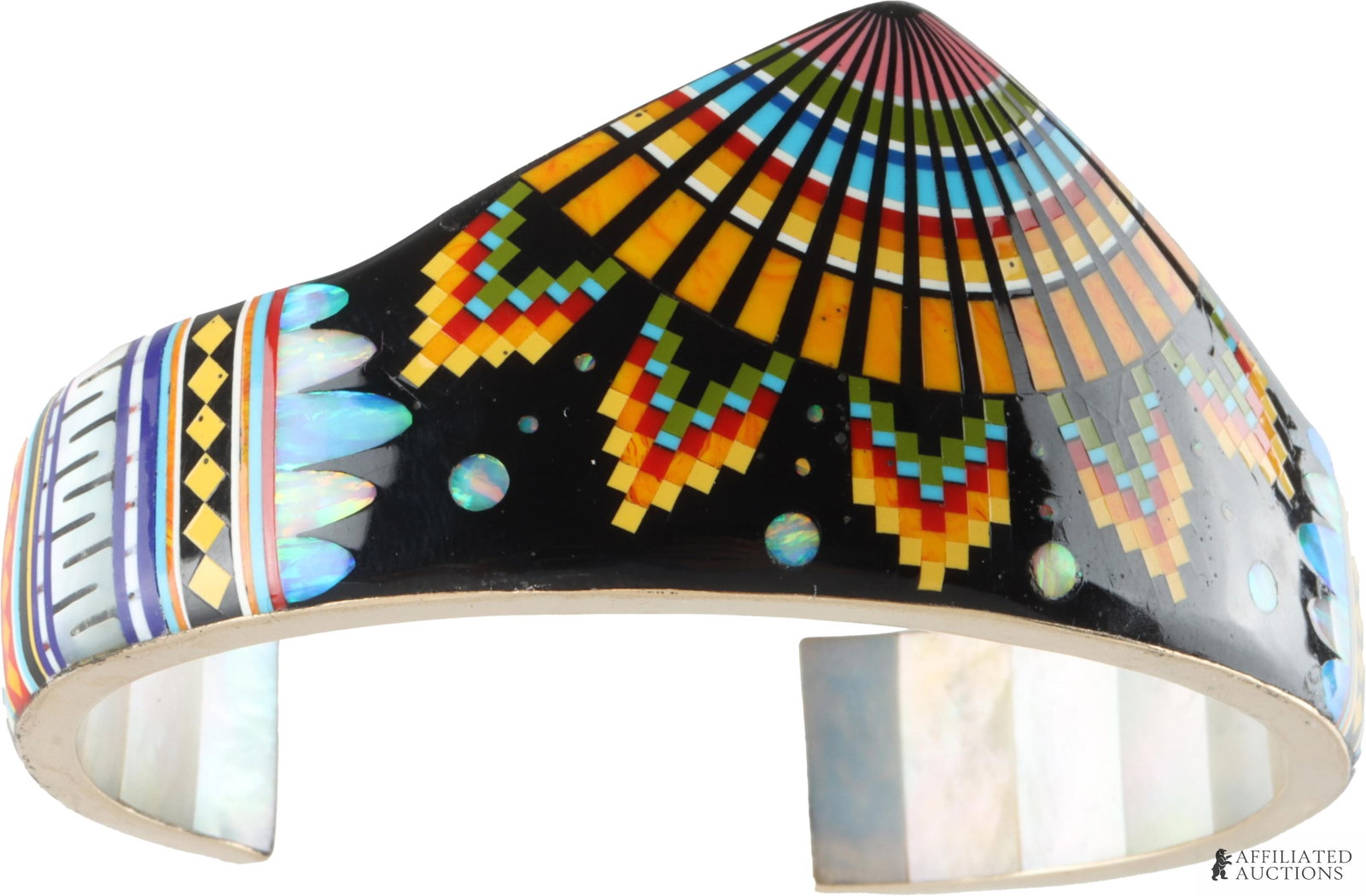 Southwest Inspired Cuff Turquoise Glodove 14K Gold: Ronnie and Ramil Glodove artisan geometric pattern cuff featuring a symmetrical pointed apex. The primary framework is stamped 14K yellow gold and hand-signed with the maker's 'RRG' hallmark. Heavily