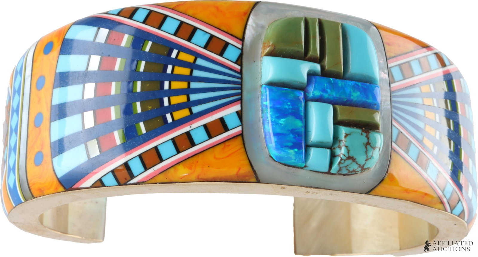 Southwest Inspired Geometric Cuff Glodove 14K Gold: Ronnie and Ramil Glodove oversized, wide artisan geometric pattern cuff. Framework stamped 14K yellow gold and signed with the 'RRG' hallmark. Features fine accent rows of mother of pearl, minimalist 
