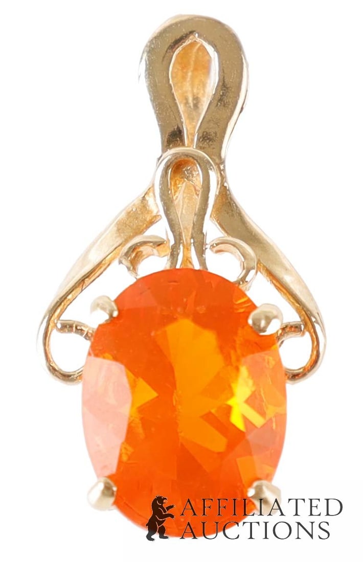 Cherry Opal 14K Gold Pendant October Gem GSJ: A 14K yellow gold pendant featuring a prong-set cherry opal; opal is an October birthstone. The pendant is stamped '14K' with maker's mark 'GSJ' on the bail. The opal measures approx. 7.9 x 5.9 x
