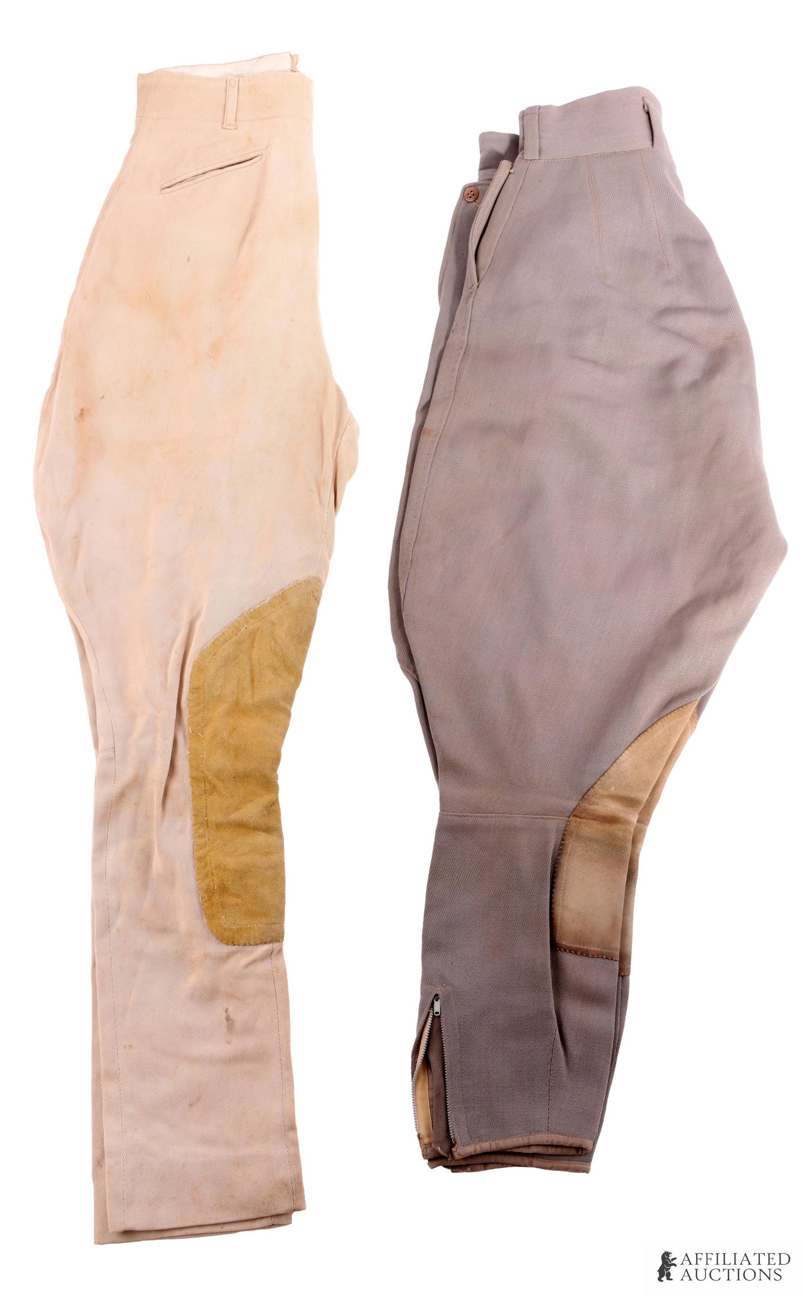 Lot of 2 Vintage Riding Breeches: Lot of two (2) pairs vintage riding breeches. One gray in with stains and torn at leg. buttons on fly and pockets, Manufactured by Paul Synder in Fort Sam Houston TX. Signed by previous owner, Nancy