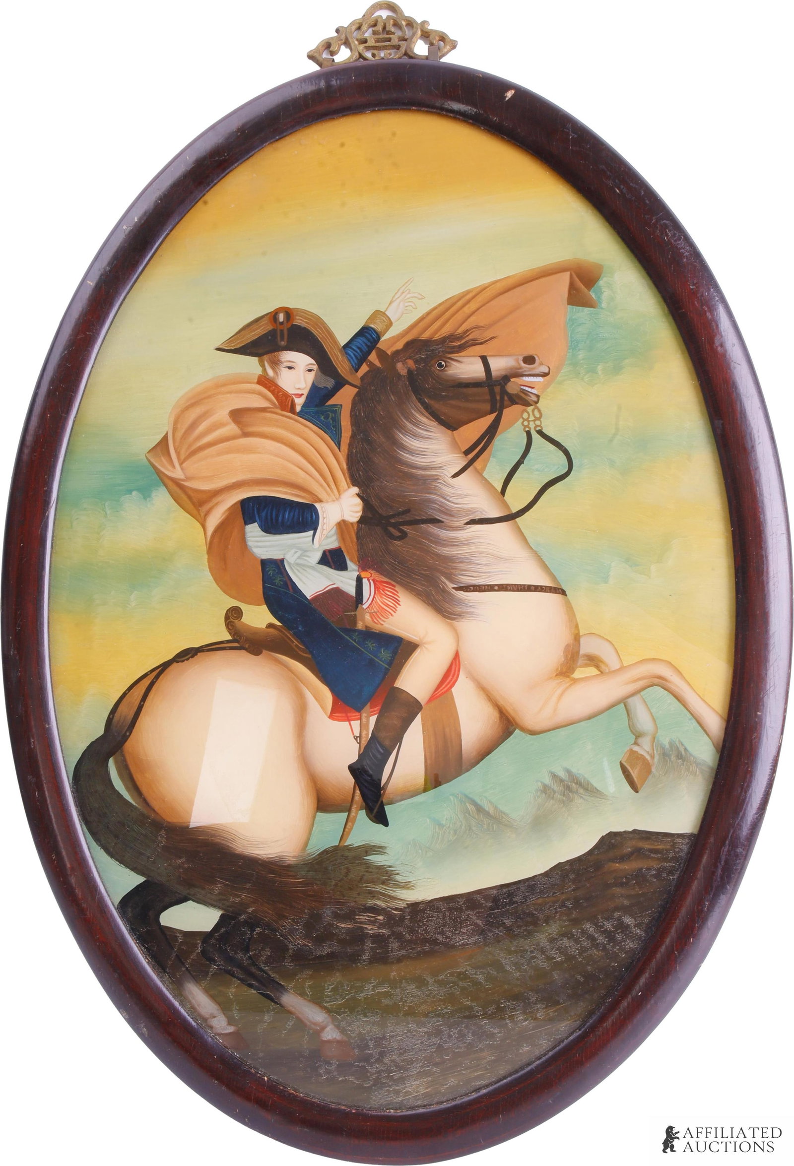 Napoleon Crossing Alps Qing Era Gouache Painting: A Qing-era gouache painting after Jacques-Louis David's 'Napoleon Crossing the Alps.' These were frequently produced at the request of European traders in Qing port studios for commercial sale in