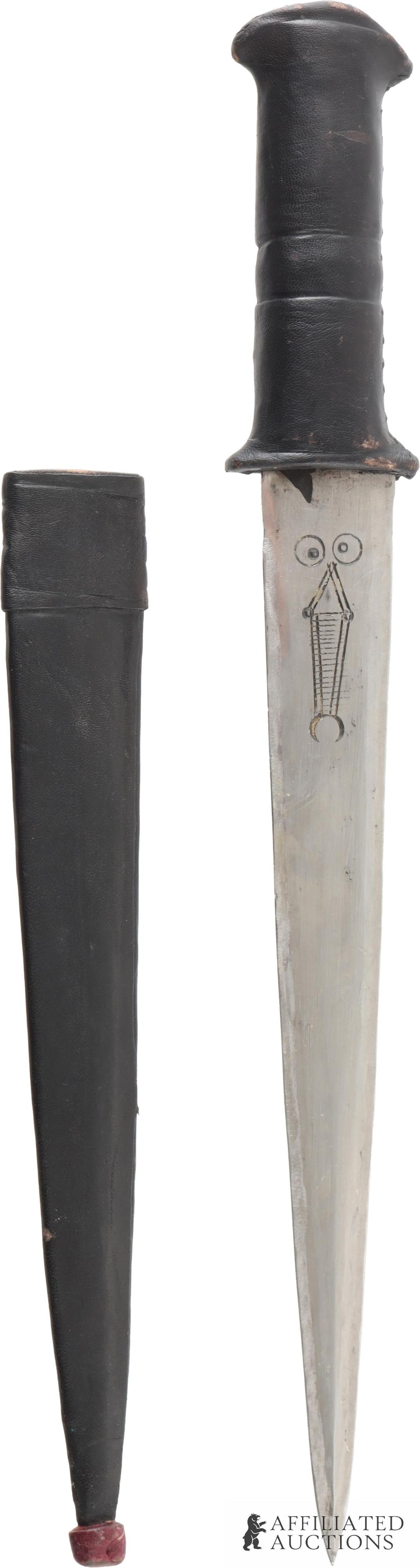 Kindjal Or Qama Vintage Dagger With Scabbard: Levantine Kindjal or Qama type dagger with scabbard. Bright double-edged steel blade. Grip and scabbard finished in matching black leather. Scabbard has braided leather belt loop. Ricasso engraved on 