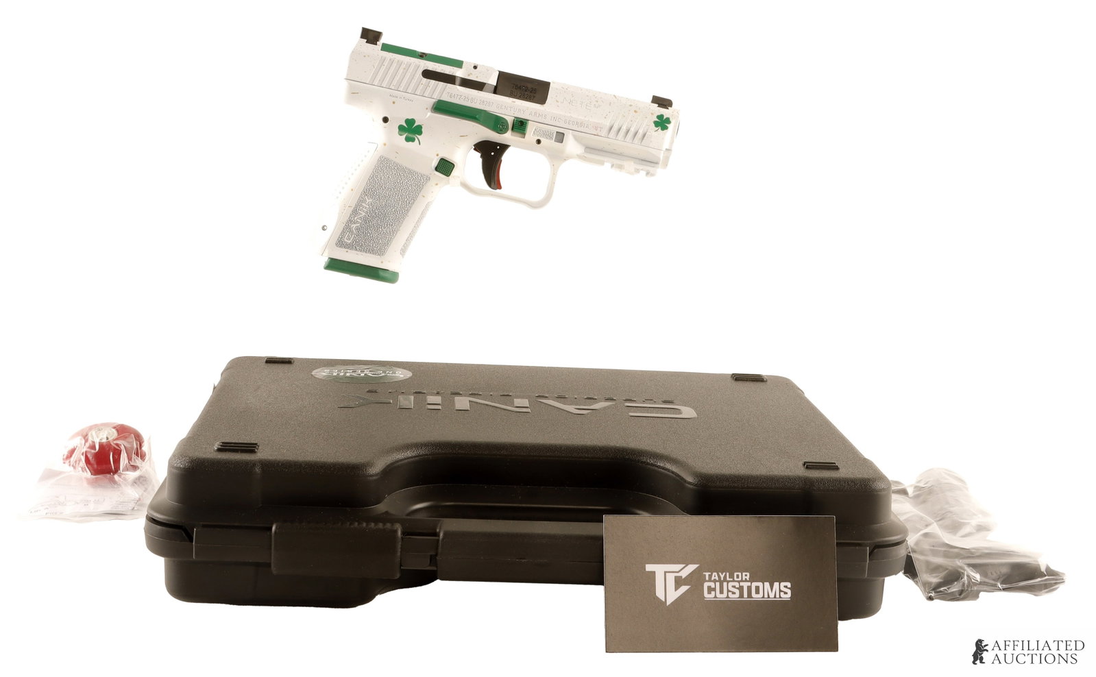 Canik Mete SF Lucky 4 Leaf Clover 9mm Pistol NIB: New in box Canik Mete SF One optic ready semi-automatic pistol with Cerakote Lucky 4 Leaf Clover finish by Taylor Customs. Includes one (1) 15-round magazine with matching green base plate. FFL requir