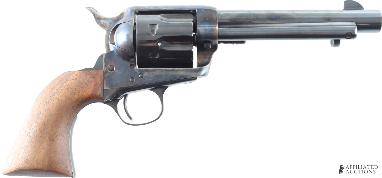 American Western Arms Longhorn .45 LC SAA Revolver: American Western Arms Longhorn single-action revolver, cal .45 Colt. Barrel length 5.5 inches. Capacity 6 rounds. Blued steel barrel and cylinder. Case-colored frame and hammer. Smooth wood grips. A n