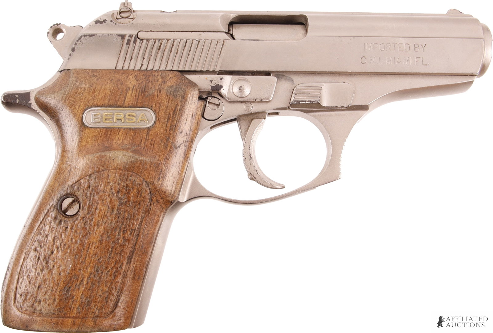 Bersa Model 83 .380 ACP Semi Auto Pistol: Bersa Model 83 semi-automatic pistol. Barrel length 3.5 inches. Matte nickel finish with wood grips. No magazine. FFL required for transfer. Caliber: 380 Automatic Serial Number: 239911. | This lot ha