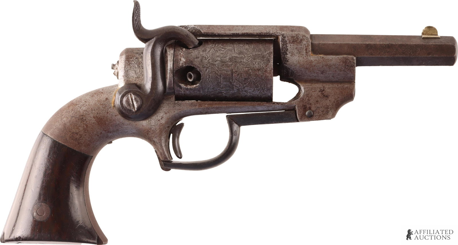 Allen & Wheelock Single Action Sidehammer Pocket Revolver: Allen & Wheelock Pocket Model sidehammer percussion single-action revolver. Octagonal 2.75-inch barrel with German silver front sight. Cylinder has 5-round capacity and game scene roll mark abundant w