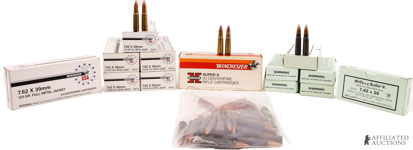275+ Rds 7.62x39mm 123gr FMJ AK-47 Rifle Ammo: Lot of more than 275 rounds factory new 7.62x39 centerfire rifle ammunition. Winchester USA 123gr FMJ and 123gr PSP, brass case, and Sellier & Bellot steel case. No international shipping.