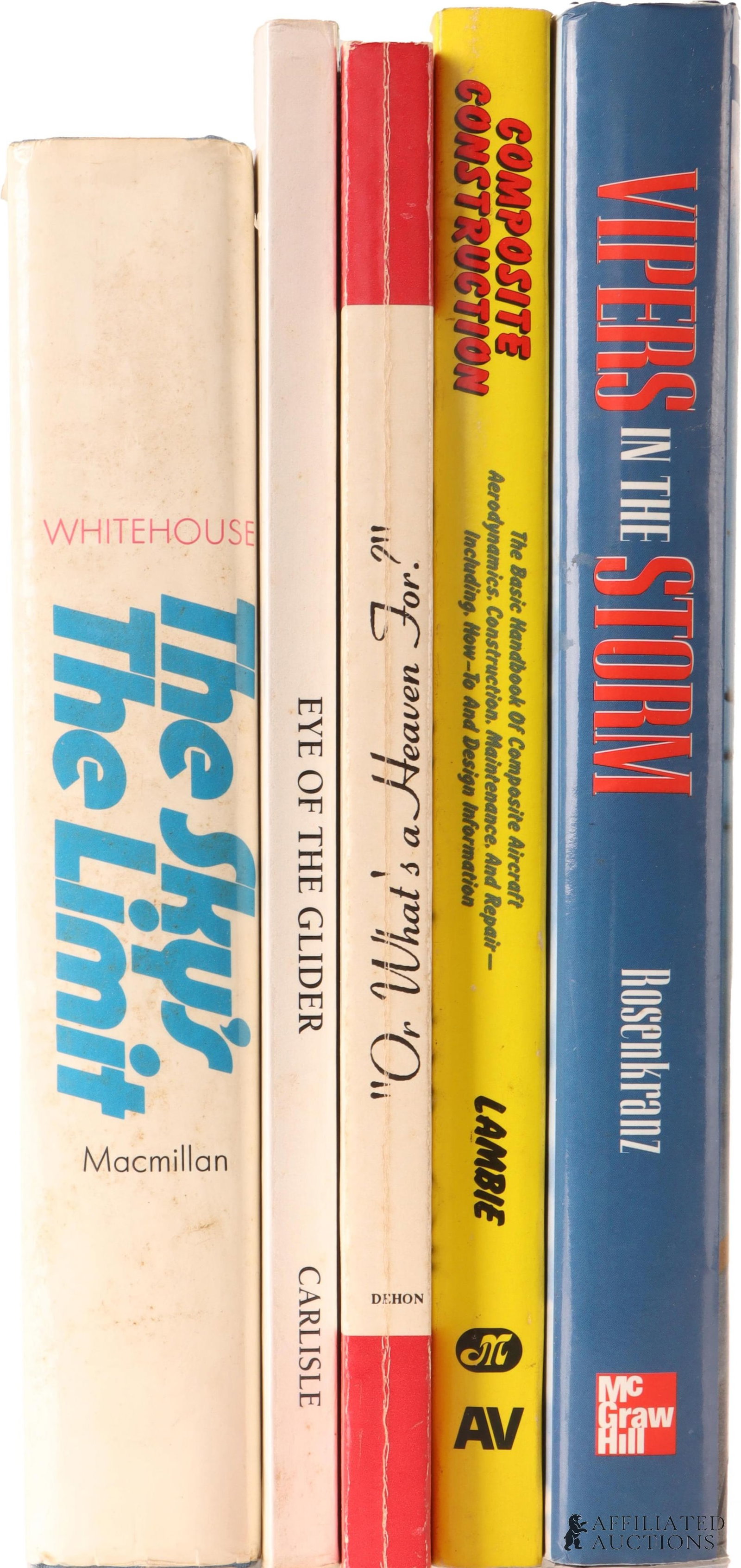 Signed Aviation Books Lot of 5: A set of five (5) aviation books, all signed by the author. Includes: 1) "The Sky's the Limit" by Arch Whitehouse. 2) "Eye of the Glider" by Robert D. B. Carlisle. 3) "Or What's Heaven For" by William