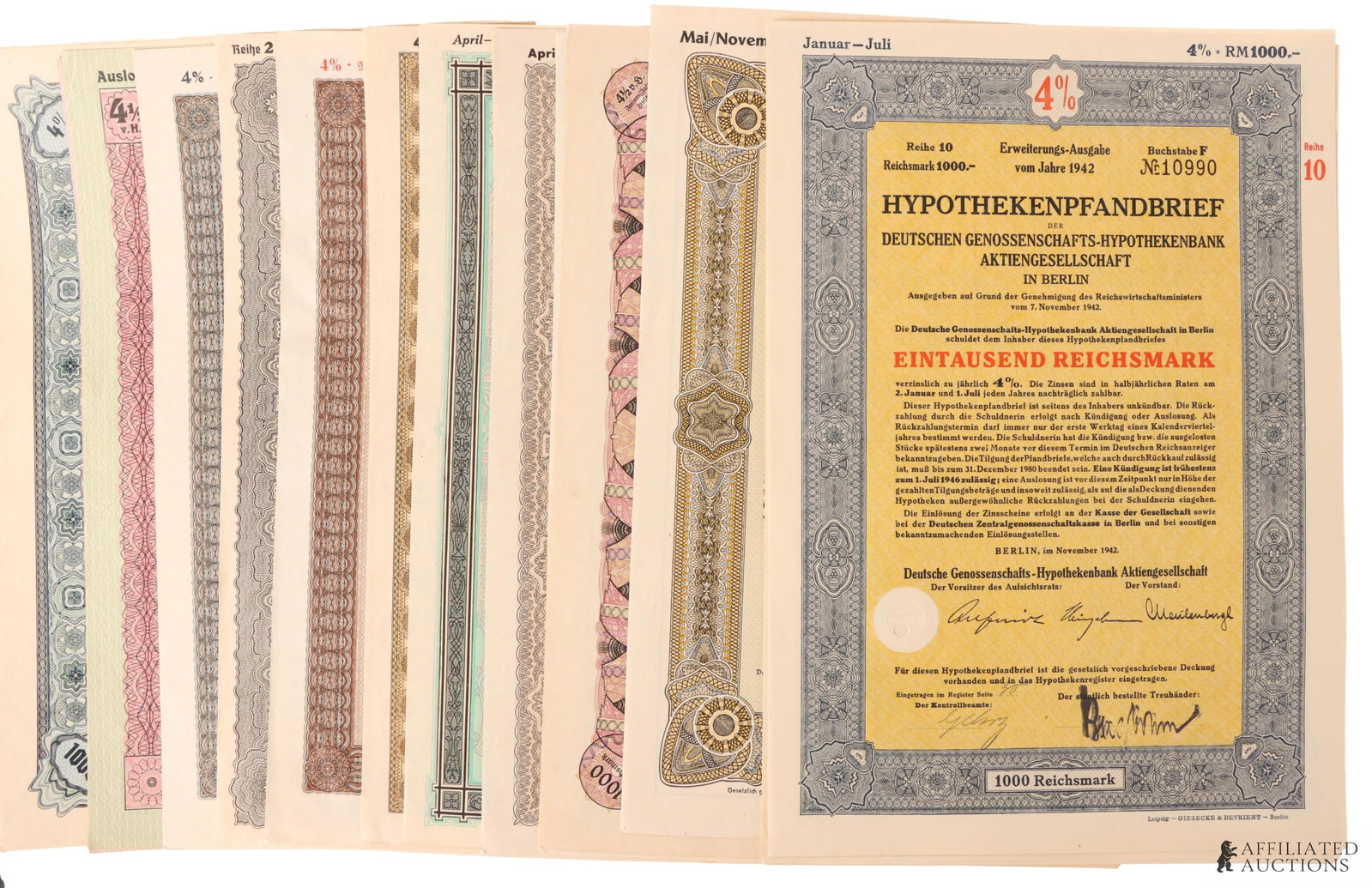 German 1000 Reichsmark Bond Certificates 22 Pcs (1 of 1)