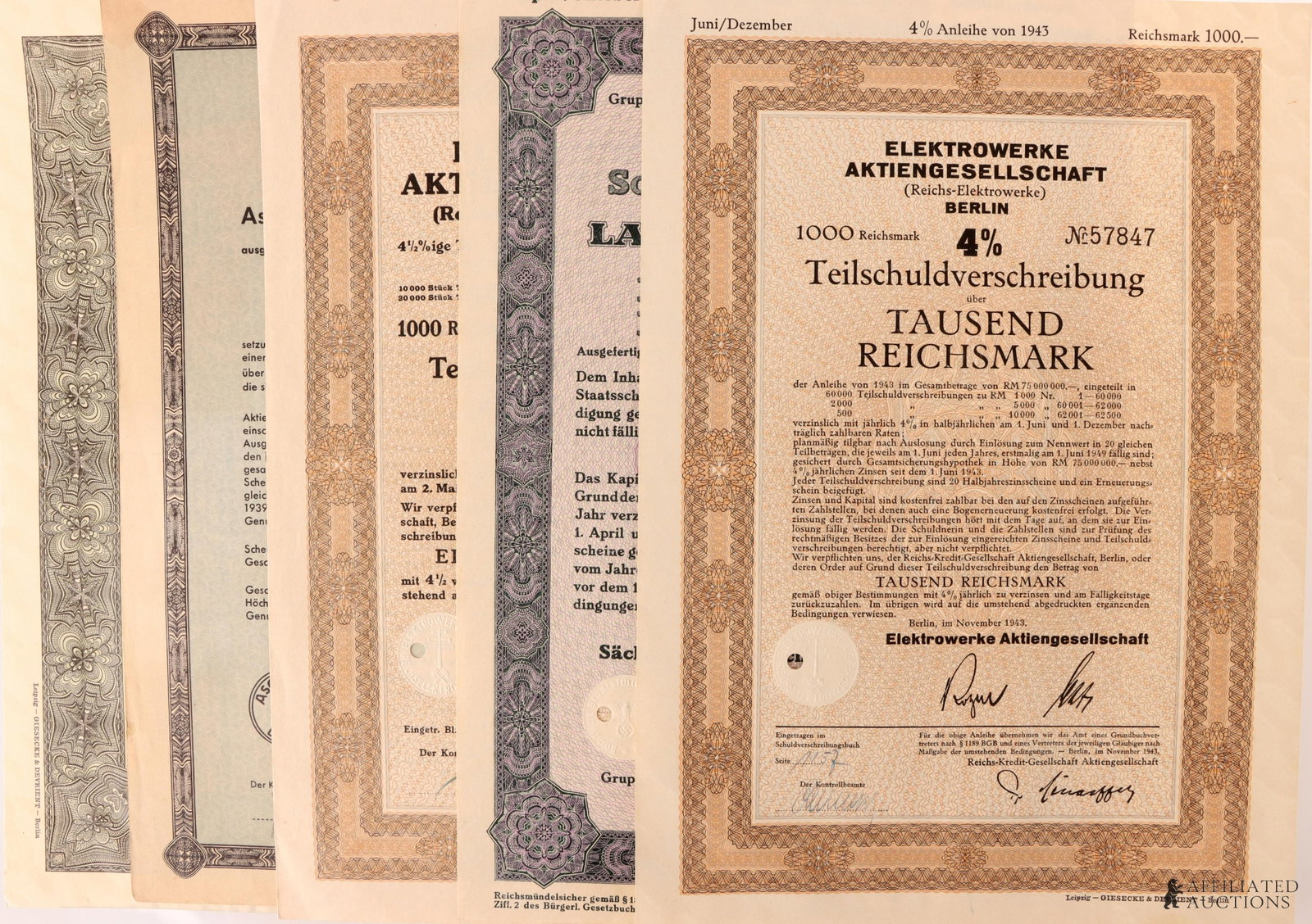 WWII German Electric Utility Sovereign Bond Lot: Collector's lot of five (5) German financial certificates, corporate shares and state sovereign bonds. Artifacts of the centralization of public utilities and state-level debt consolidation used to fu