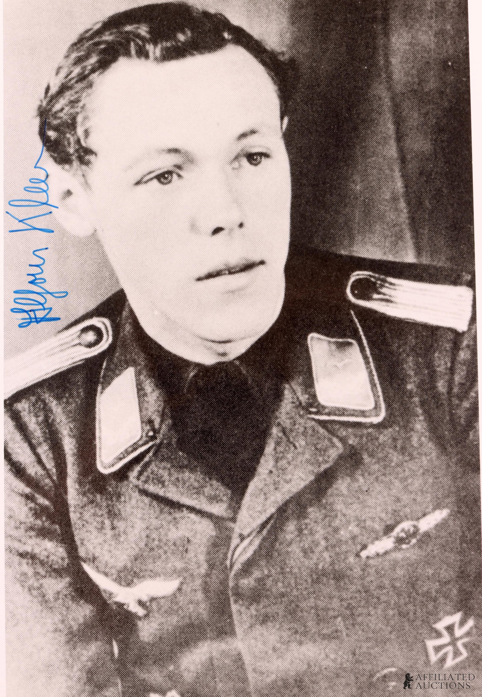 WWII German Fighter Ace Alfons Klein Autograph: A signed image of Alfons Klein, a noted Luftwaffe fighter ace of the Second World War. He was awarded the Knights Cross of the Iron Cross.