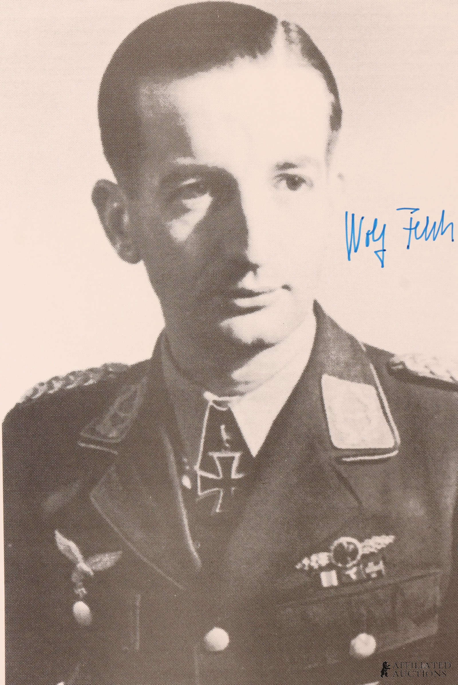 WWII German Night Ace Wolfgang Falck Autograph: A signed image of Wolfgang Falck, a noted Luftwaffe night fighter ace of the Second World War. He was awarded the Knights Cross of the Iron Cross.