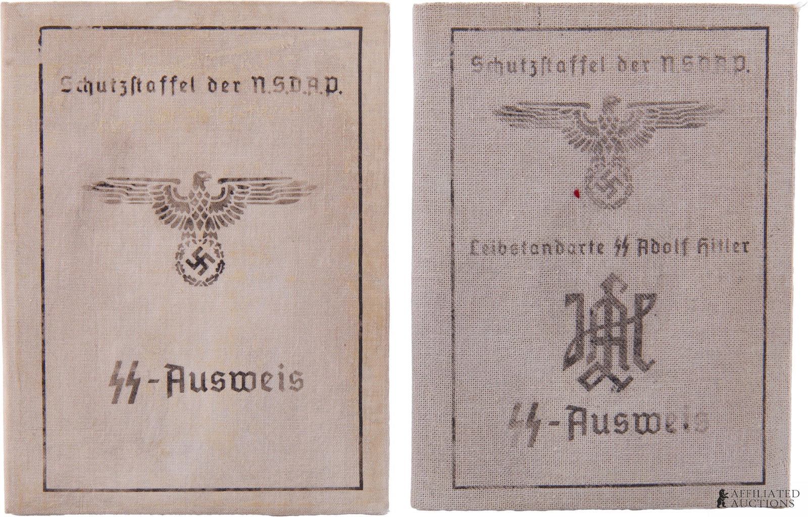 Waffen-SS Liebstandarte LSSAH Soldbuchs Lot of 2: A set of two (2) soldbuch ID booklets for Waffen-SS First Panzer Division Leibstandarte SS-Adolf Hitler (LSSAH).