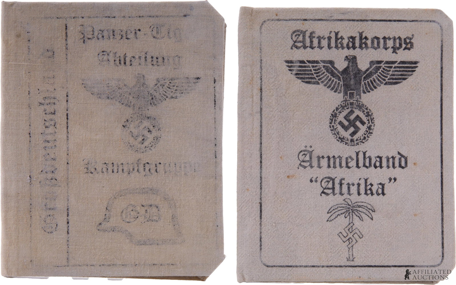 Wehrmacht Soldbuchs WWII German DAK FBK Lot of 2: A selection of two (2) soldbuchs from the Wehrmacht of the German Third Reich, one for the German Afrika Korps (DAK) and one for Gross Deutschland, Hitler's personal Wehrmacht escort.