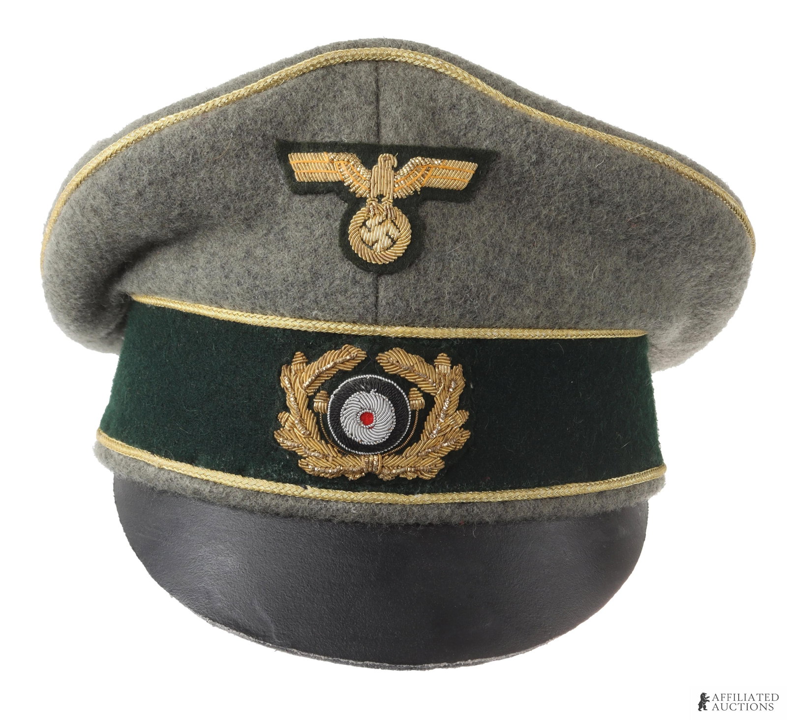 WWII German Army officer Visor Third Reich Cap Hat: A field gray wool visor with golden-yellow braided aluminum piping and a black felt hat band. Features a leather sweatband and a light-tan satin lining. Emblem and insignia are gold bullion. US size 7