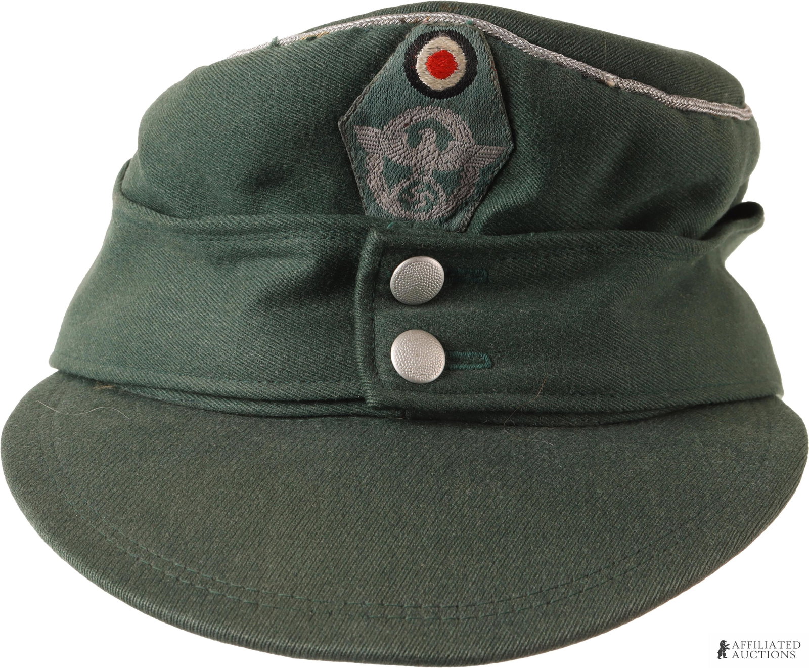 WWll German NCO M43 Cap: WWll German no m43, post war construction, green gabardine, pebble buttons.