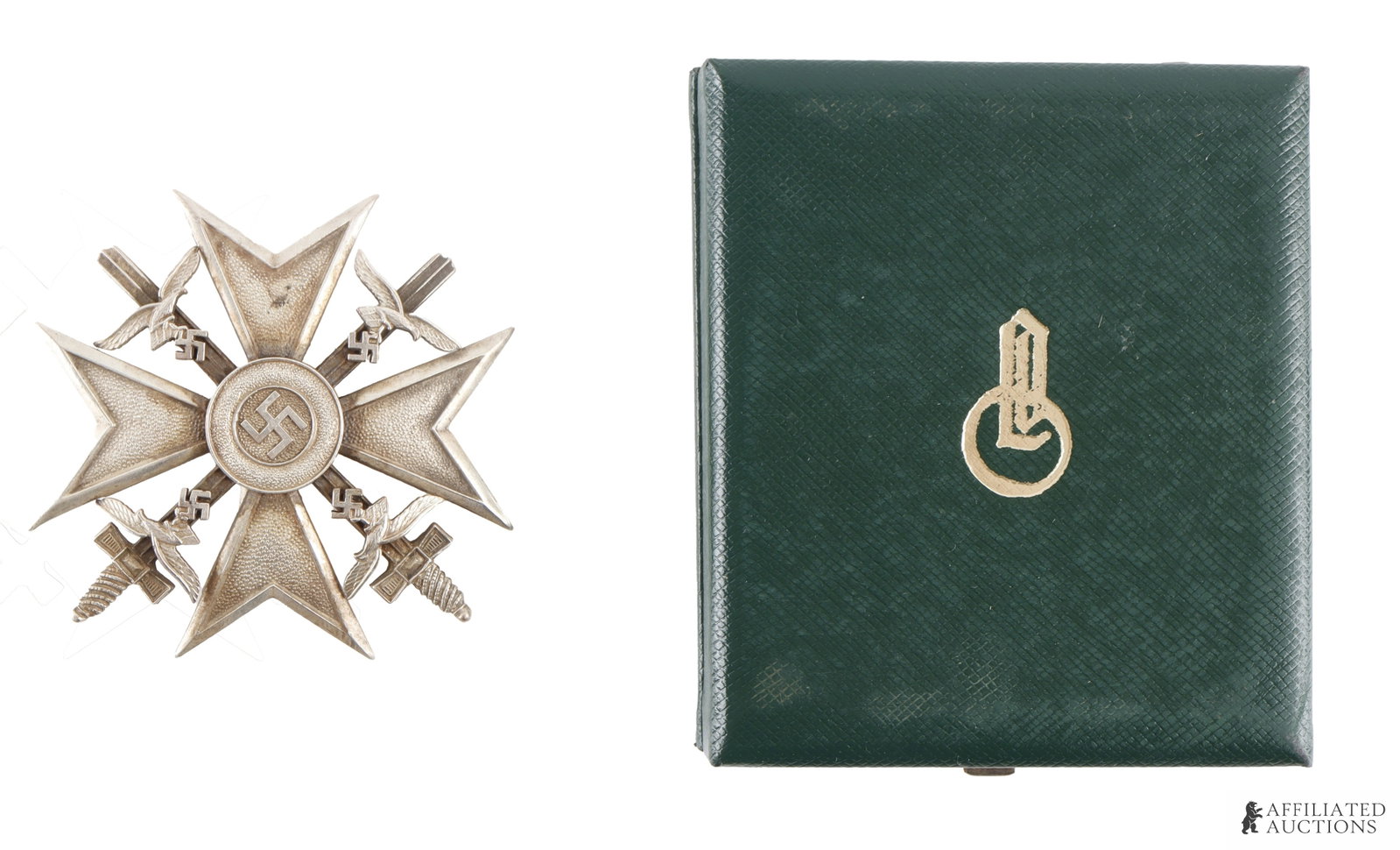 WWII Spanish Condor Legion Badge In Silver: Silver constructed Maltese cross with crossing swords and Luftwaffe eagle insignia. It measures 2 1/4 inches. Comes in LDO case. Reverse marked with 800 for silver purity. | This lot has a reserve.