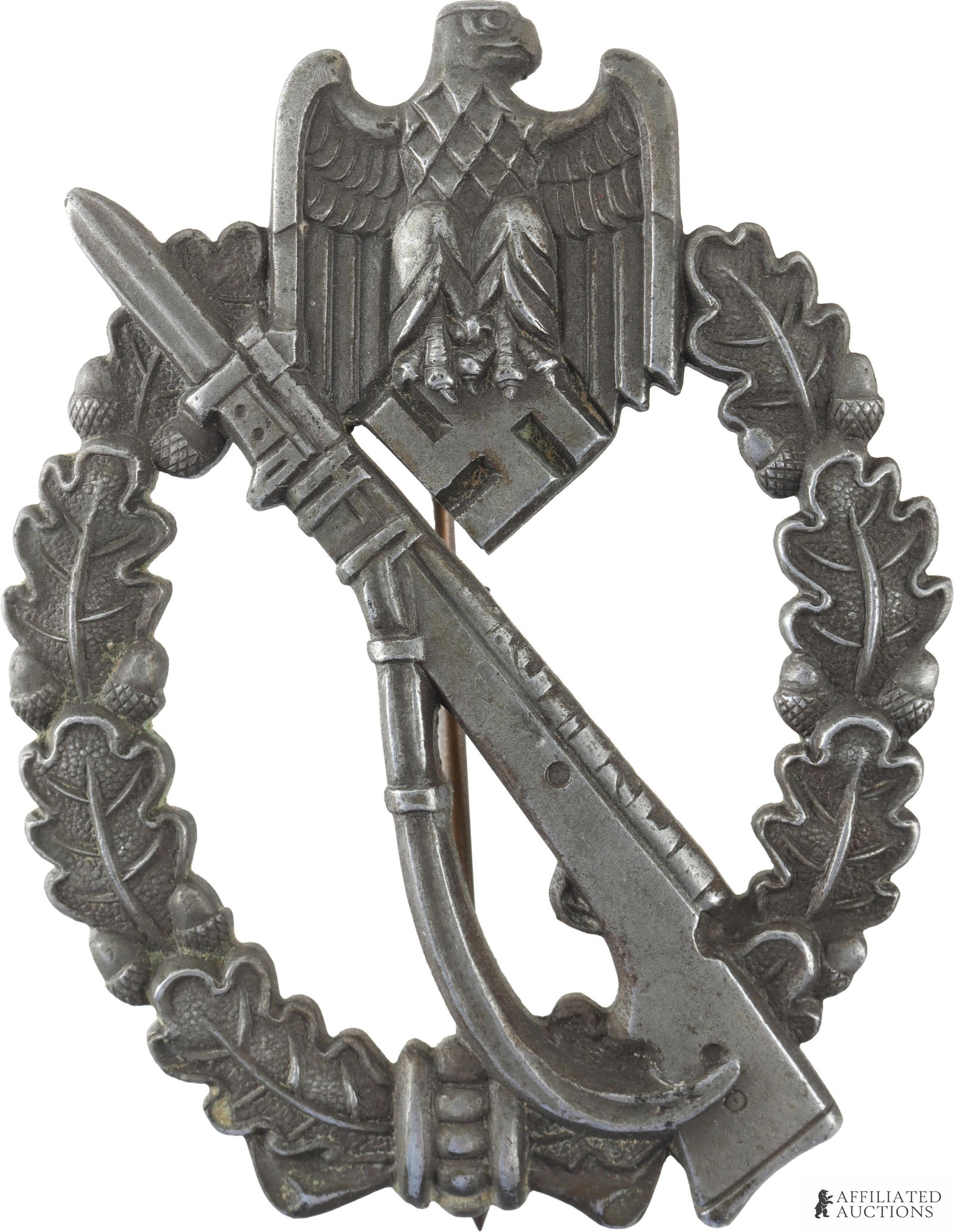 Infantry Assault Badge Fritz Zimmerman Stuttgart: Infantry Assault Badge. Solid struck. Reverse has maker's mark "FZS" of Fritz Zimmerman, Stuttgart. Dimensions 63x49mm. Gross weight 27.3 grams.