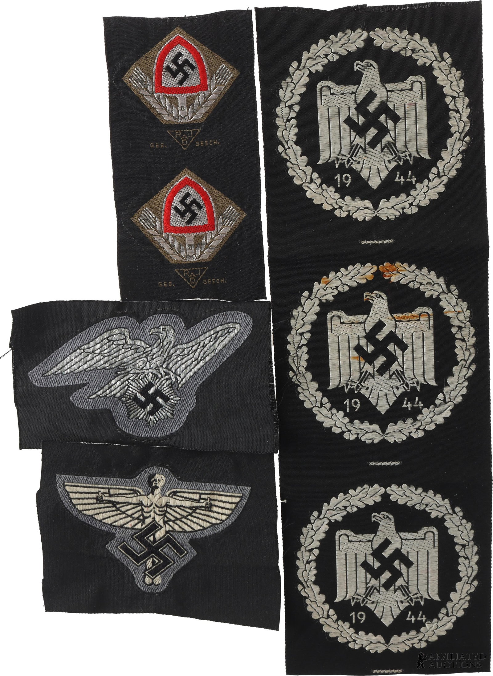 WWII German Military Patches Third Reich Lot of 4: Lot of four (4) pieces of WWII German Third Reich militaria. Includes the following: a silver DRL cloth sports badge/Stoffausf?hrung (thin black backing with silver-gray stitching, features an eagle i