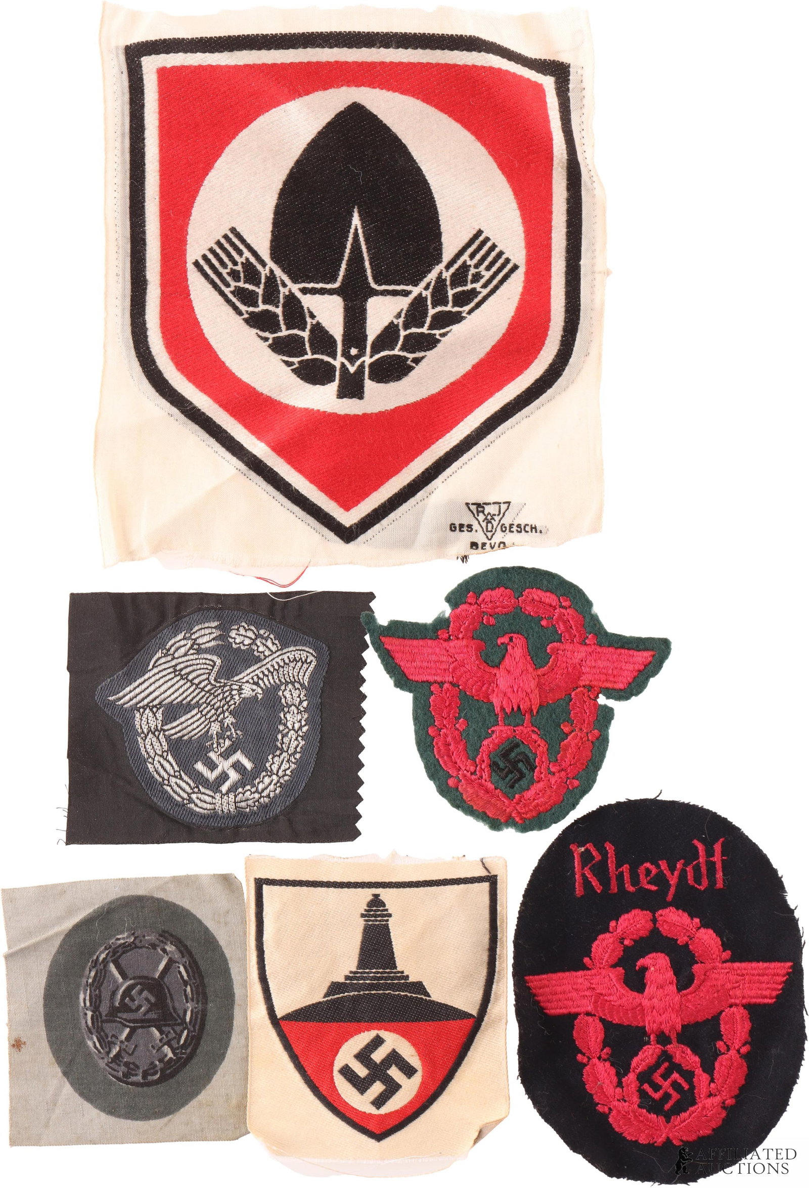 Six German Reich Cloth Patches: Six German Reich cloth patches, including a Luftwaffe Observer?s Badge (3.375 ? 2.75 inches), a Kyffh?userbund armband patch (2.875 ? 3.25 inches), a German Black Wound Badge on cloth (2.75 ? 5 inches