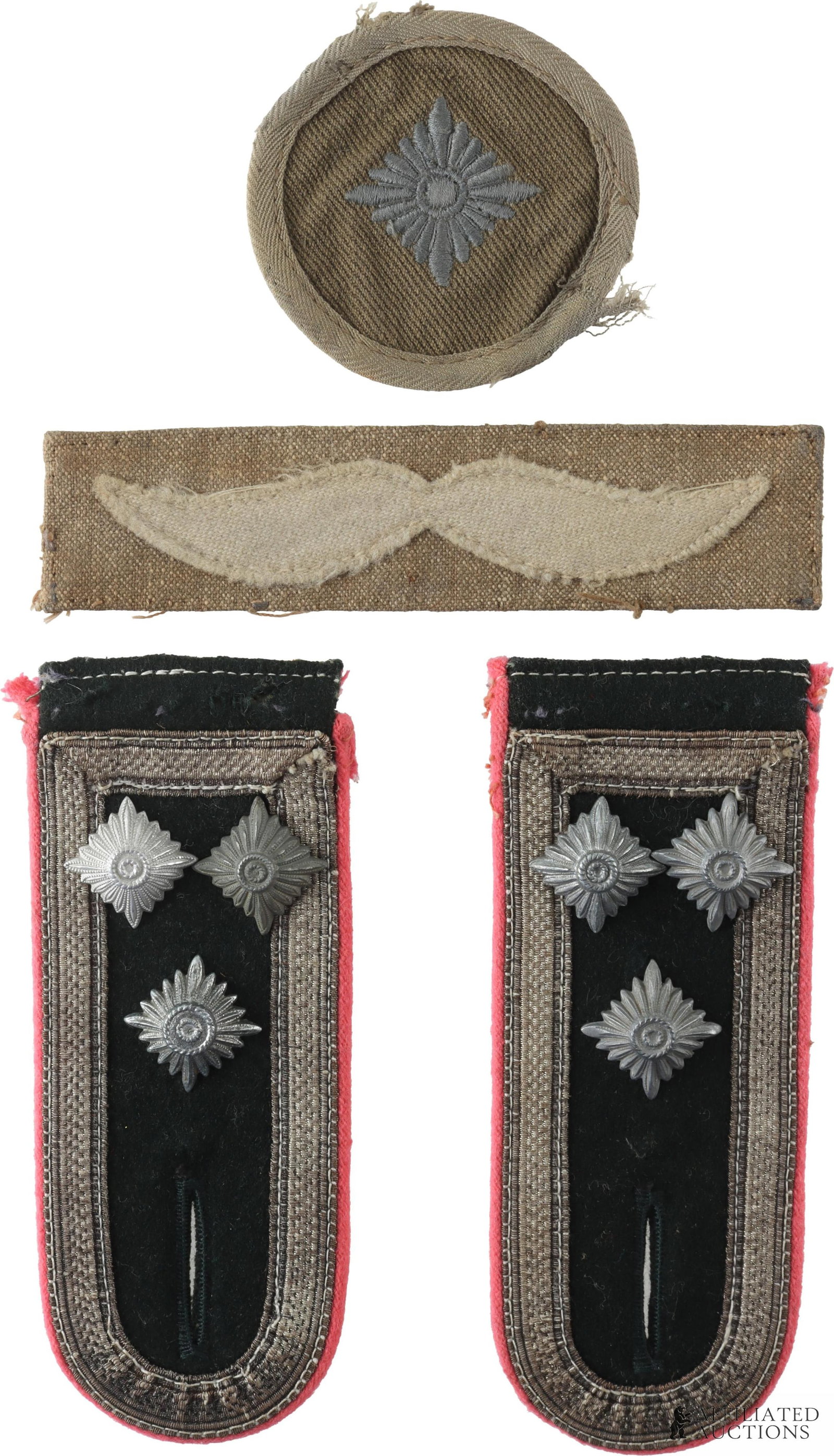 WWII German Third Reich Military Patches Lot of 4: A lot of four (4) WWII-era German military patches and shoulder boards. Includes Stabsfeldwebel shoulder boards (dark green base with aluminum bullion and aluminum stars, rose-pink piping) which each 