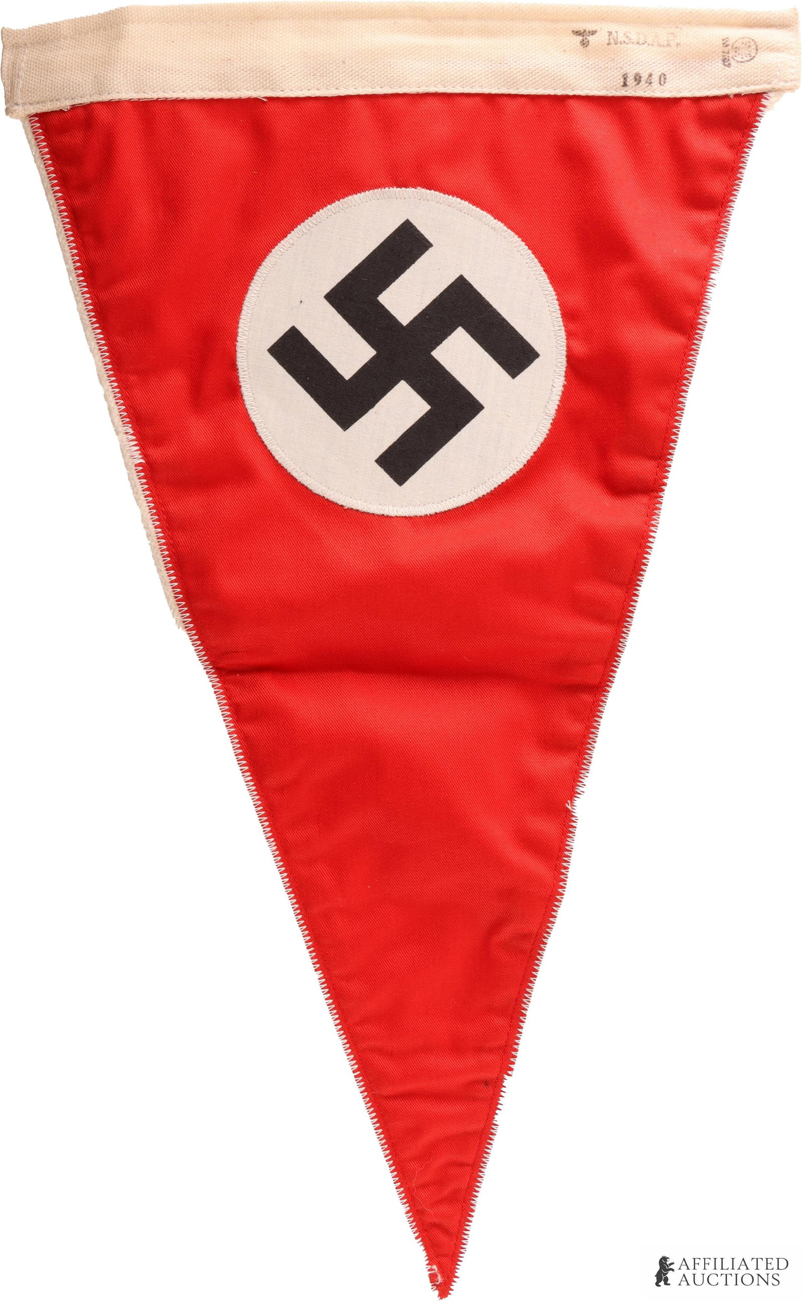 NSDAP Swastika Parade Pennant WWII German: An NSDAP swastika pennant of the German Third Reich. Shows a swastika on a white disc within a red field, with stitched edges. Ink stamped 1940. Multi-piece construction. Non-fluorescing. 9.5x16 inche